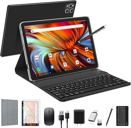 Tablet Android 2026 Última tableta de 10 pulgadas con teclado, 128 GB ROM 16 GB RAM TF1TB Expand, Octa-Core, 5GWiFi, 1080FHD, 13MP+8MPCámara, Negro
