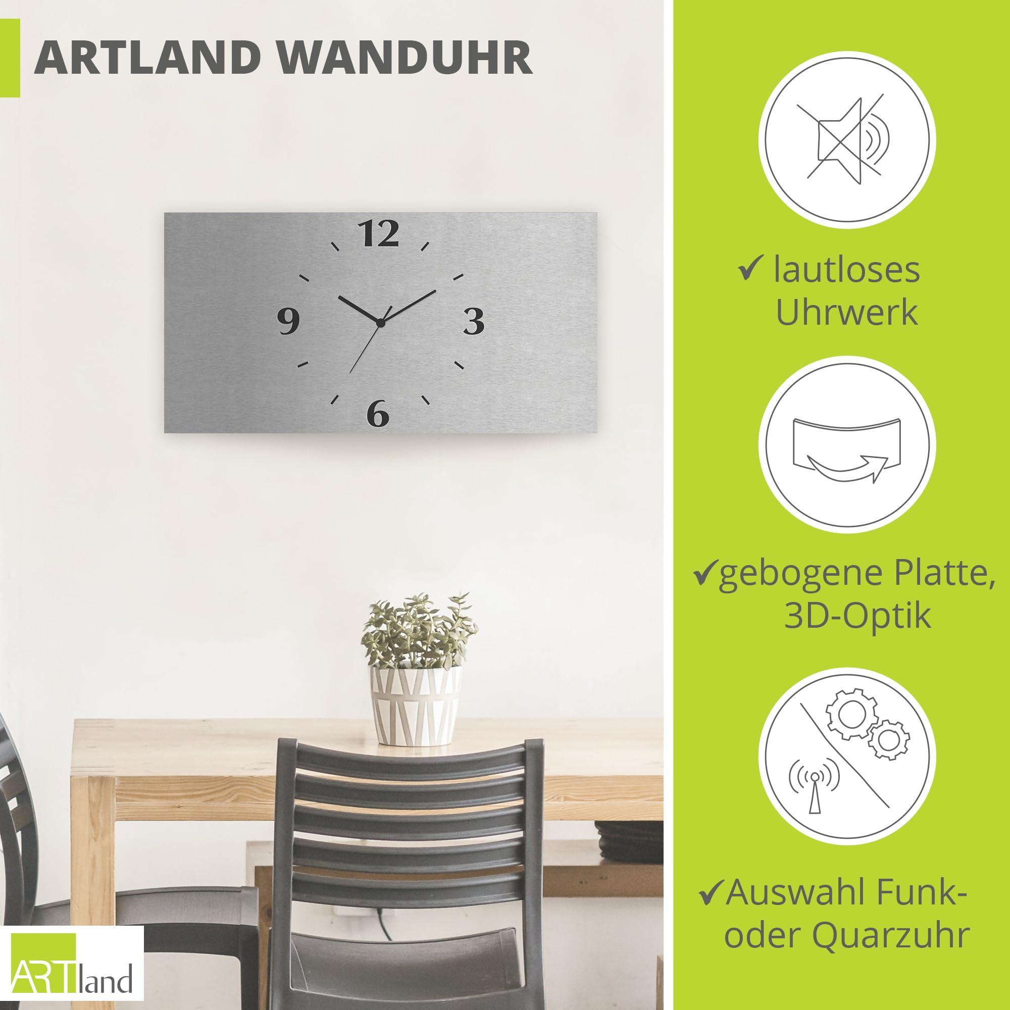 ARTLAND Wanddeko Wanduhr ohne Tickgeräusche Alu Funkuhr 50x25 cm Eckig Lautlos 3D Design Schlichtes Design Modern S7KZ