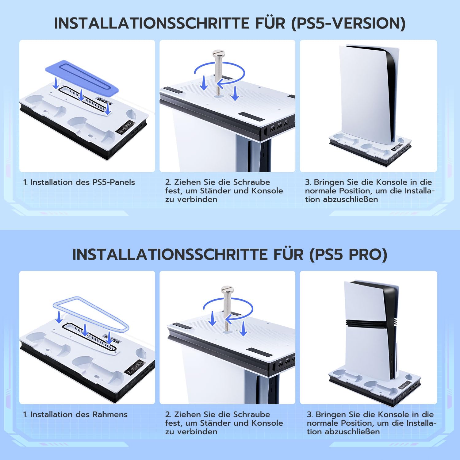 PS5/PS5 Slim/ps5 Pro Standfuß mit Lüfter - Ladestation für Dual Controller mit 3 USB Hubs - Vertikale Kühlstation mit 3 Stufen Kühler und Magnet Ladestecker für UHD & Digital Edition
