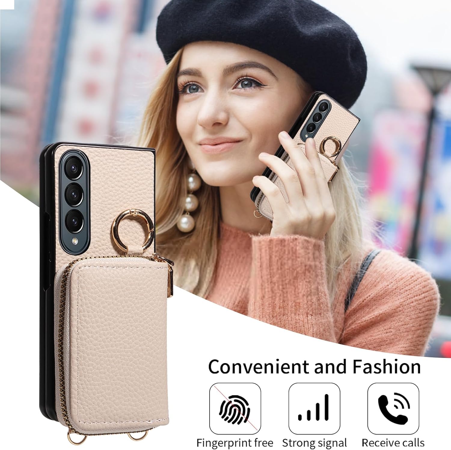 Wallet Case for Samsung Galaxy Z Fold 3 5G 2021 & Shoulder Strap Ring Buckle, Luxury PU Leather Zipper Flip Organ Purse, Card Holder Stand Cell Phone Cover for ZFold3 Z3 Fold3 3Z ZFold35G White