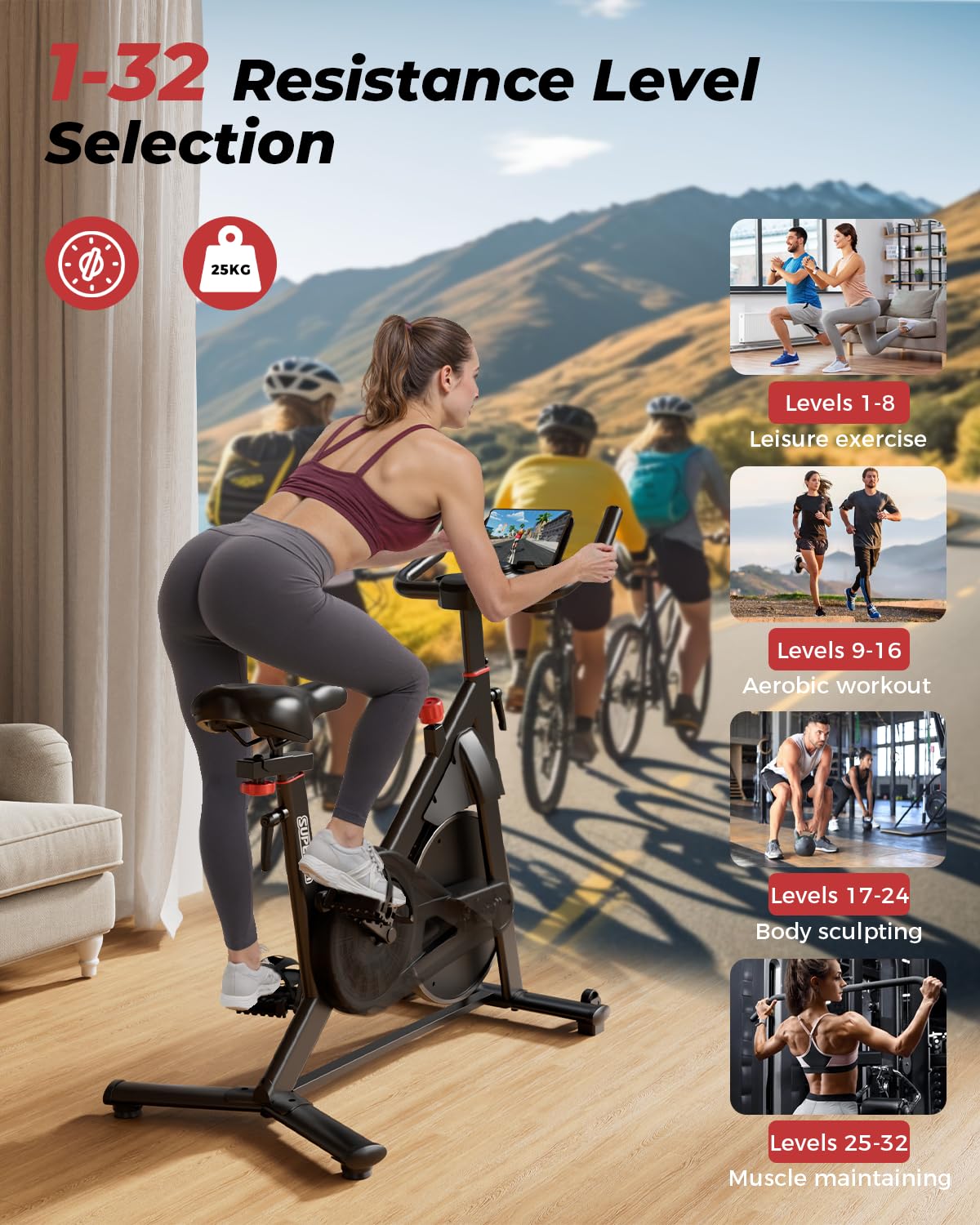 Superun Cyclette con Resistenza Magnetica Regolabile, Bicicletta Spinning per Casa con Display LCD, APP e Monitoraggio Dati, Cyclette Statica Portata 136 kg