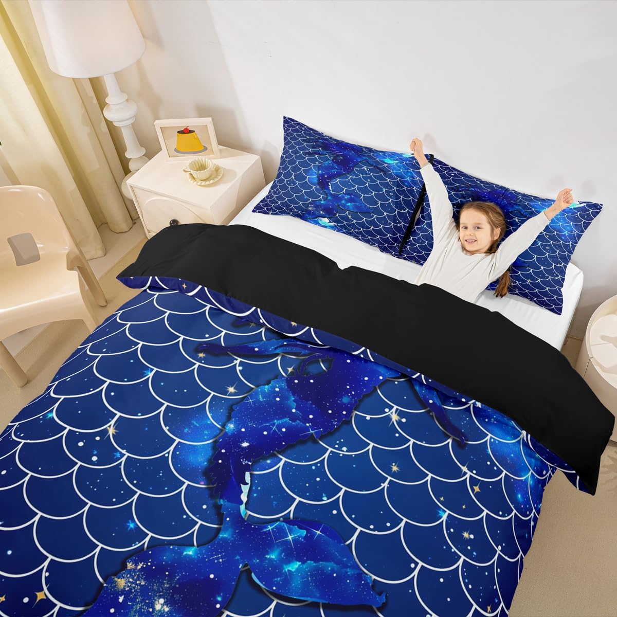 Erosebridal Mermaid Bedding, Full Duvet Cover for Girls, Mermaid Fish Scales Comforter Cover, Galaxy Quilt Cover, Ocean Sea Animal Bedspread Cover for Kids Boys Gift Bedroom Decor, Blue