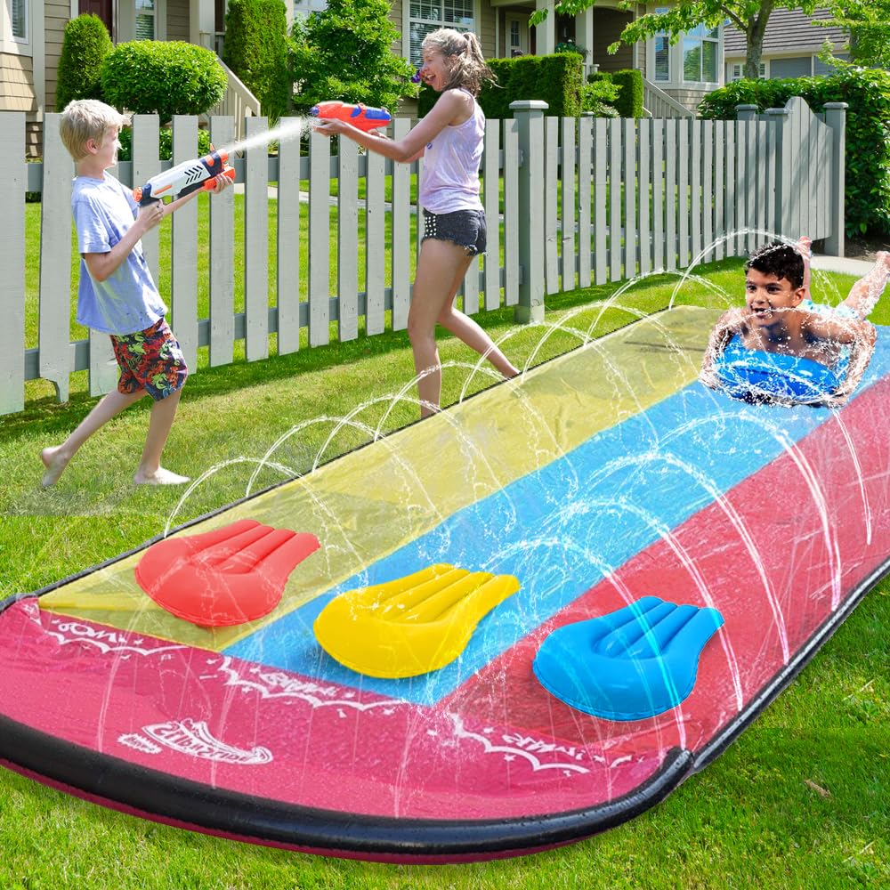 Scivolo d'Acqua Triplo Racer 480x210CM, Scivolo Acquatico Giardino con Irrigatore e 3 Tavole Gonfiabili, per Bambini Adulti