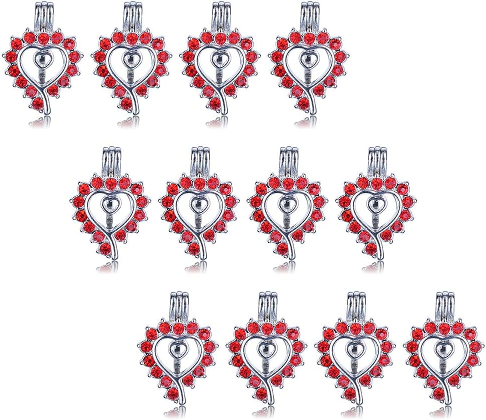 12pcs Rhodium Red Diamond Locket Diffuser Pendant Heart Pearl Cage Beads with Lava Stone Charms for Necklace Bracelet Jewelry Making DIY