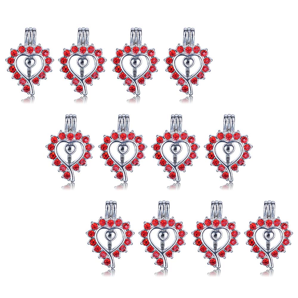 12pcs Rhodium Red Diamond Locket Diffuser Pendant Heart Pearl Cage Beads with Lava Stone Charms for Necklace Bracelet Jewelry Making DIY