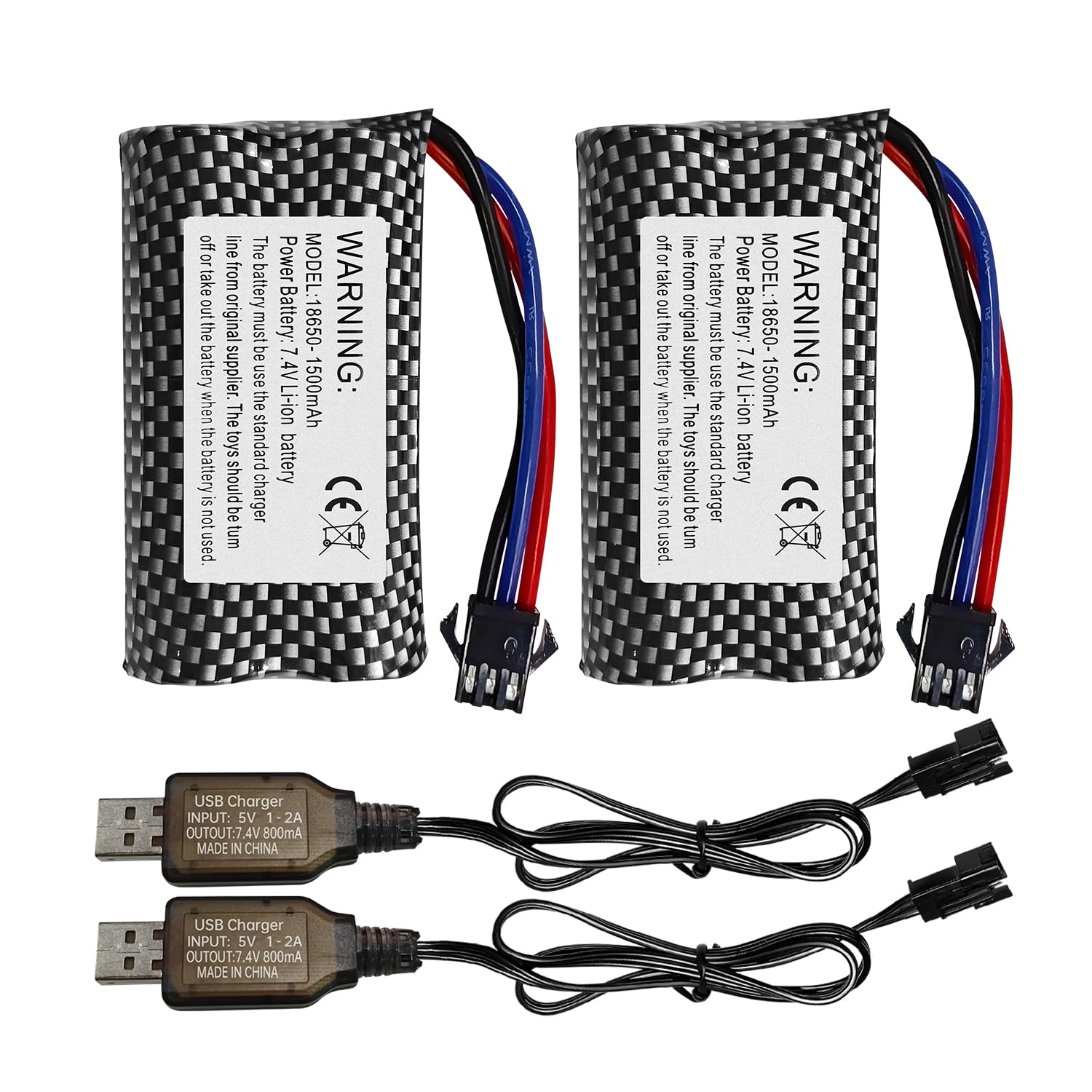 ZYGY 2pcs 7.4V 1500mAh SM-3P Plug Lithium Battery with USB Charging Cable for DE43 DE60 RC Racing Remote Control Car 1575 Engineer Car Toy Car