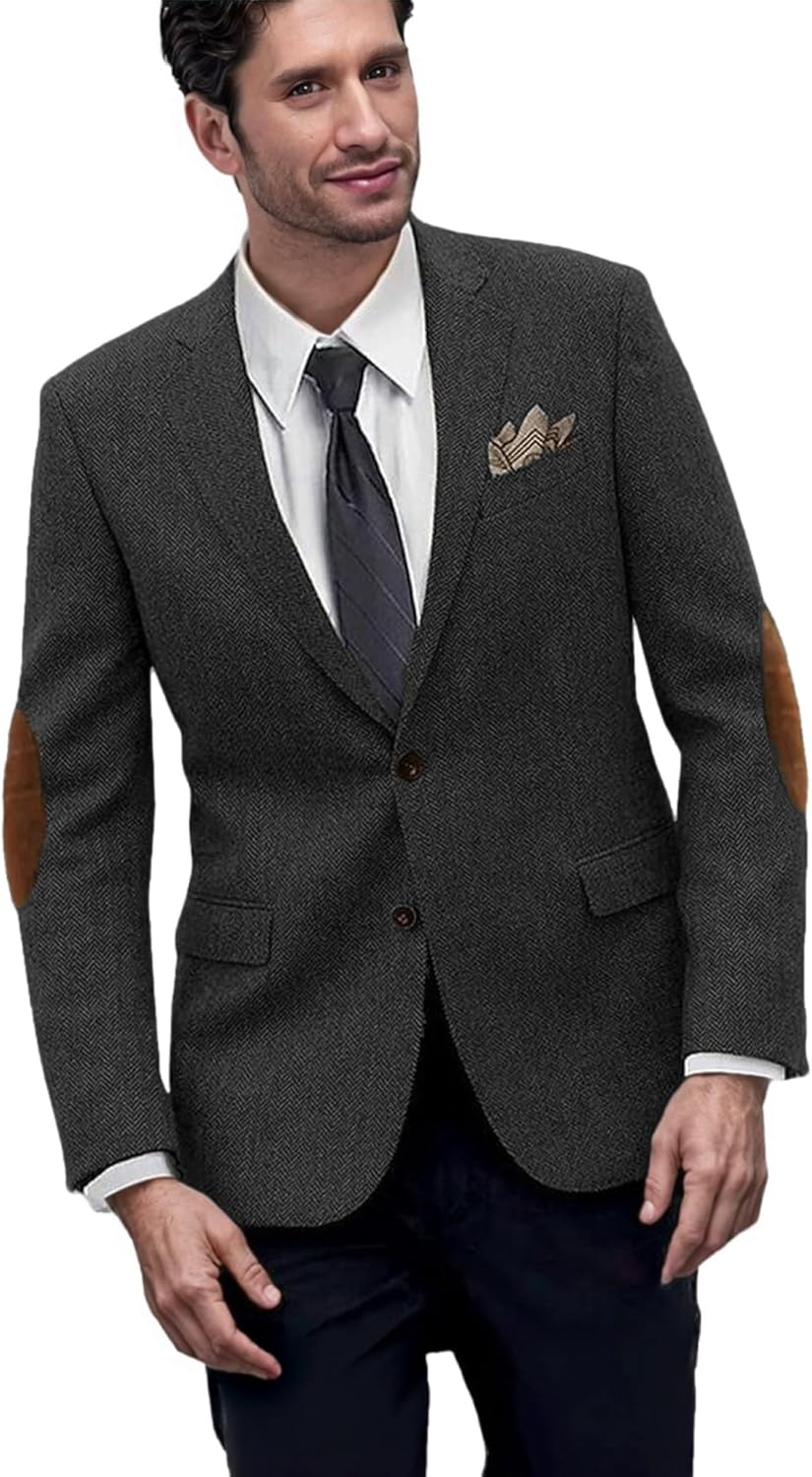 Mens' Suit Tweed Herringbone Blazer Jacket with Elbow Patch Notched Lapel Casual Slim Fit Tuxedo Blazer Coat