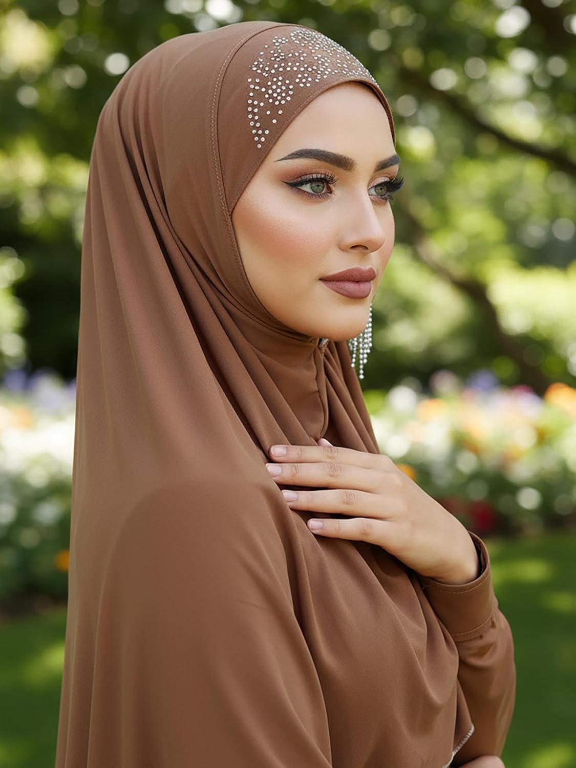 Woeoe Flower Instant Hijab Scarf for Women Brown Jersey Hijabs Muslim Stretch Head Scarf - Image 4