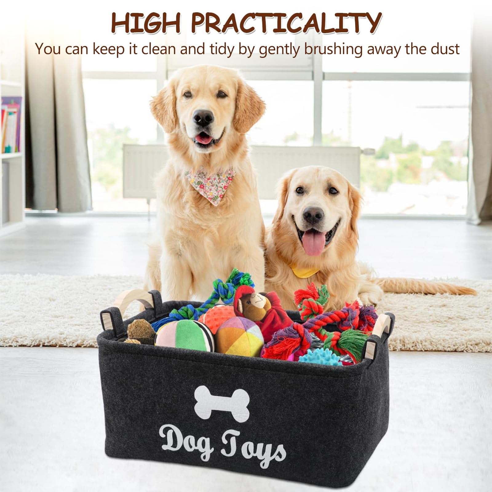 Cesta de Fieltro, Caja de Juguetes para Perros con Mango Madera, Cesta de Almacenamiento Juguete para Perros Versátil, Organizar Comida, Juguetes Accesorios Mascotas