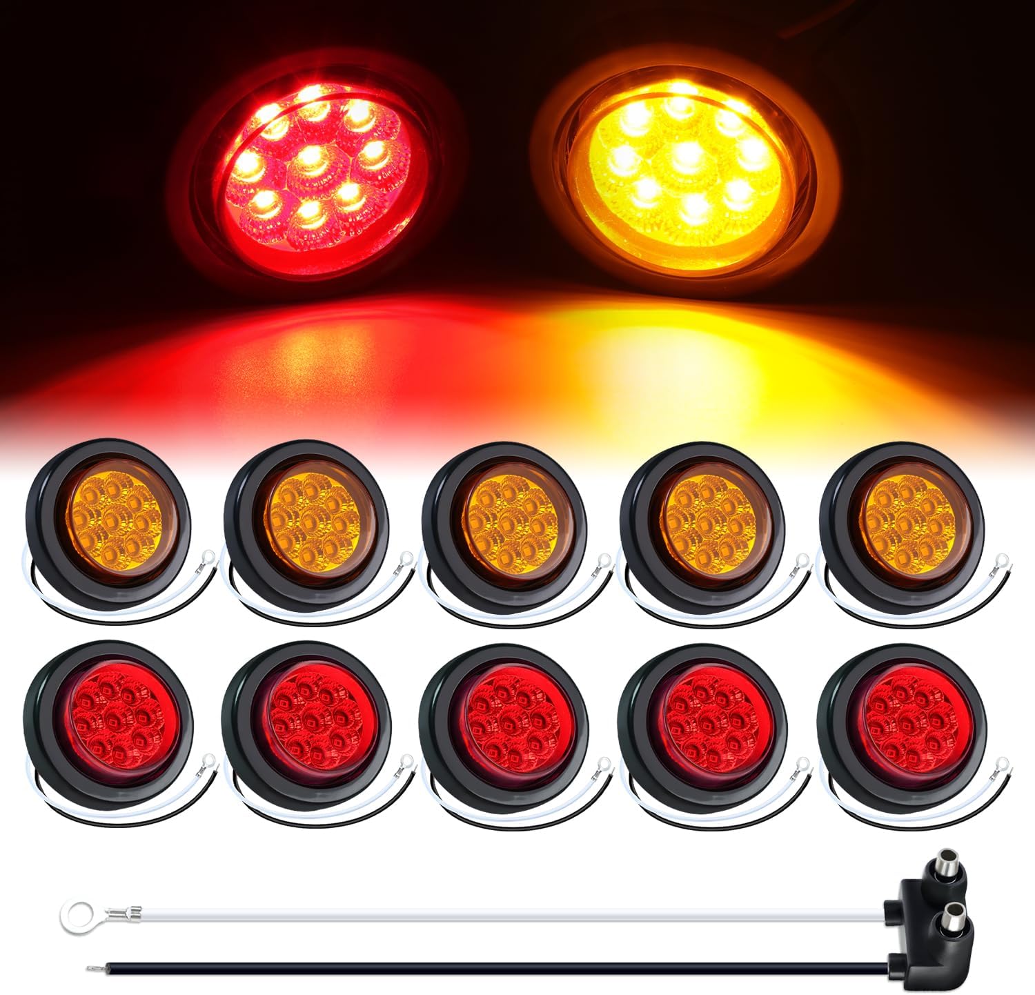 TMH Pack of 10 2" Round 5 Amber + 5 Red Led Marker Lights with Reflectors Clearance Pigtail Lights/w Rubber Sealed Waterproof Side Marker Light for Truck Trailer 12V DC