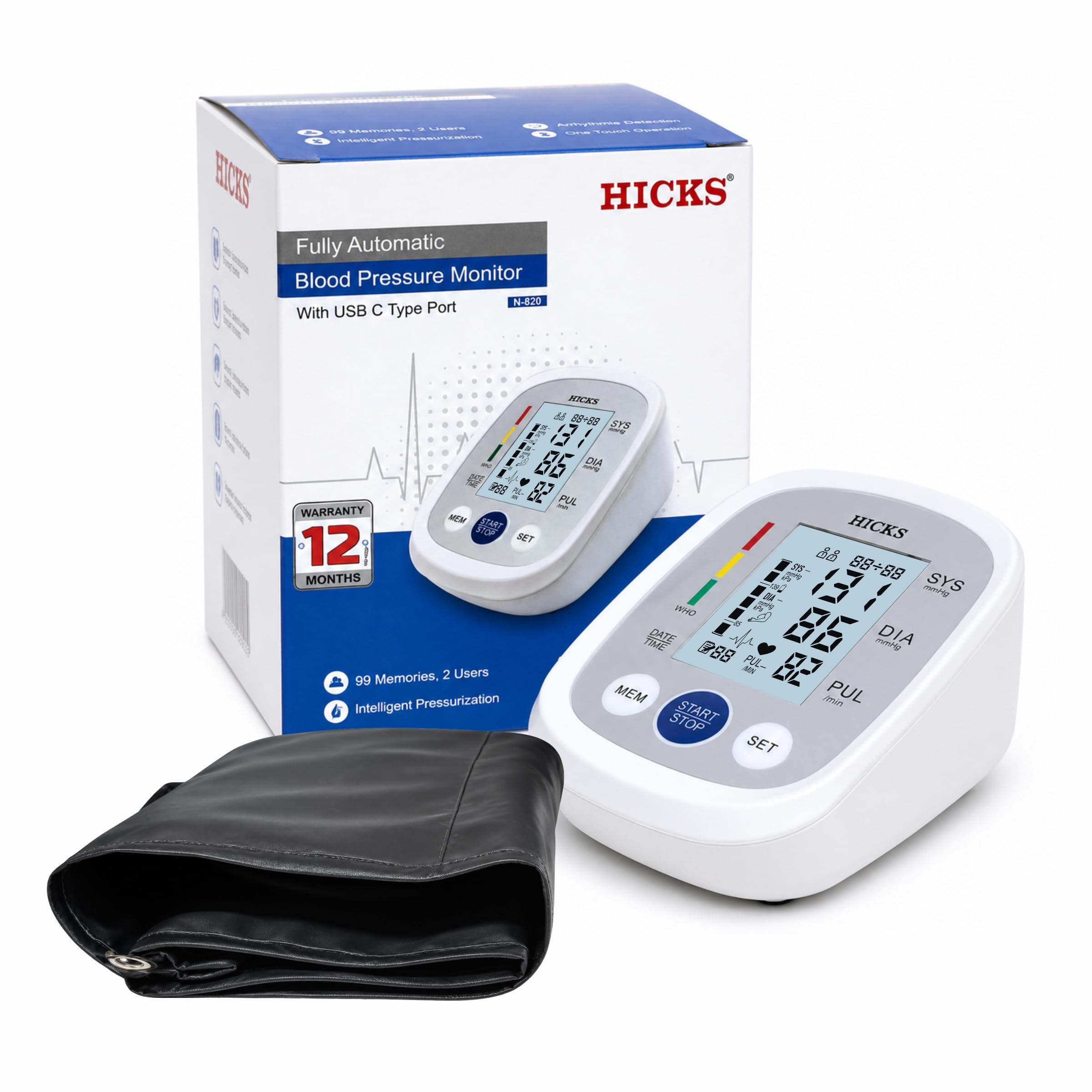 Hicks Automatic Blood Pressure Monitor (N-820) with USB C Type Port – 99 Memories, 2 Users, Arrhythmia Detection & Large LCD Display-image-10