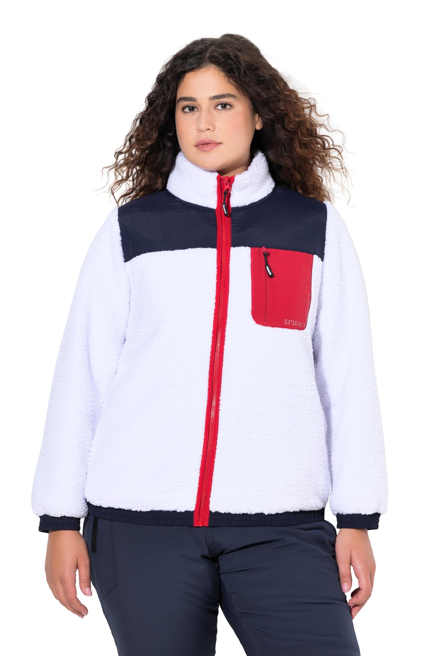 Ulla Popken Damen große Größen Übergrößen Plus Size Teddyfleece-Jacke, Patches, Stehkragen, 2-Wege-Zipper 823345