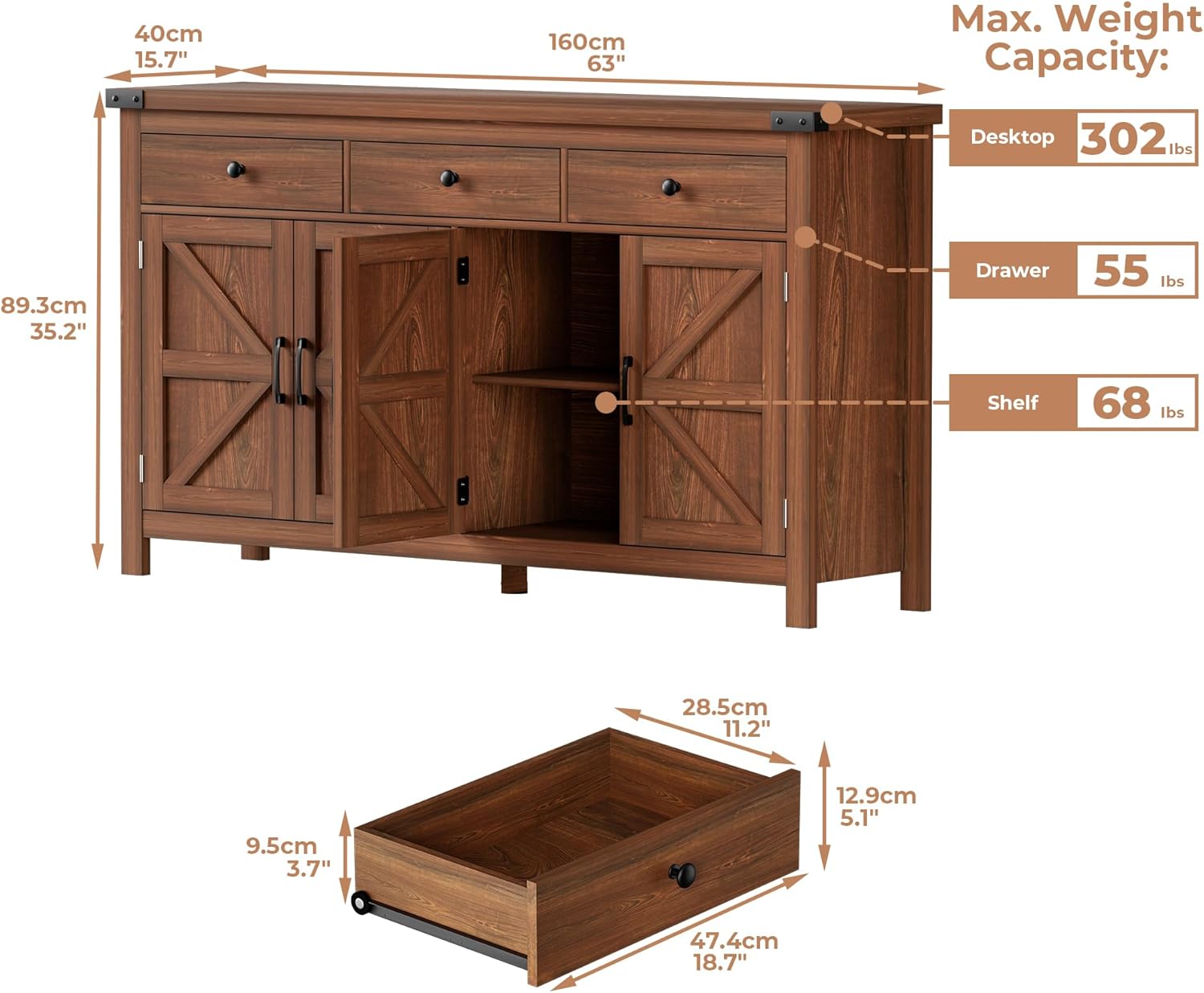 VVFLU sideboard with open drawers and spacious countertop, showing items like plates and bowls.