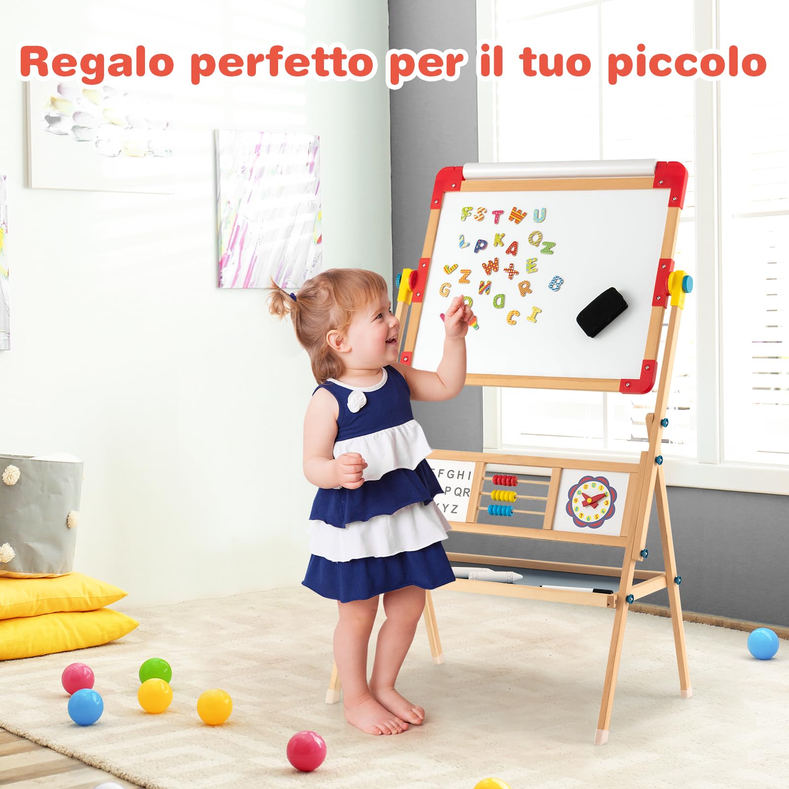 RELAX4LIFE Cavalletto d’Arte per Bambini, Cavalletto in Legno Bifacciale Regolabile con Lavagna Magnetica e Classica, Lettere Magnetiche, Lavagna da Disegno in Piedi per Bambini e Bambine