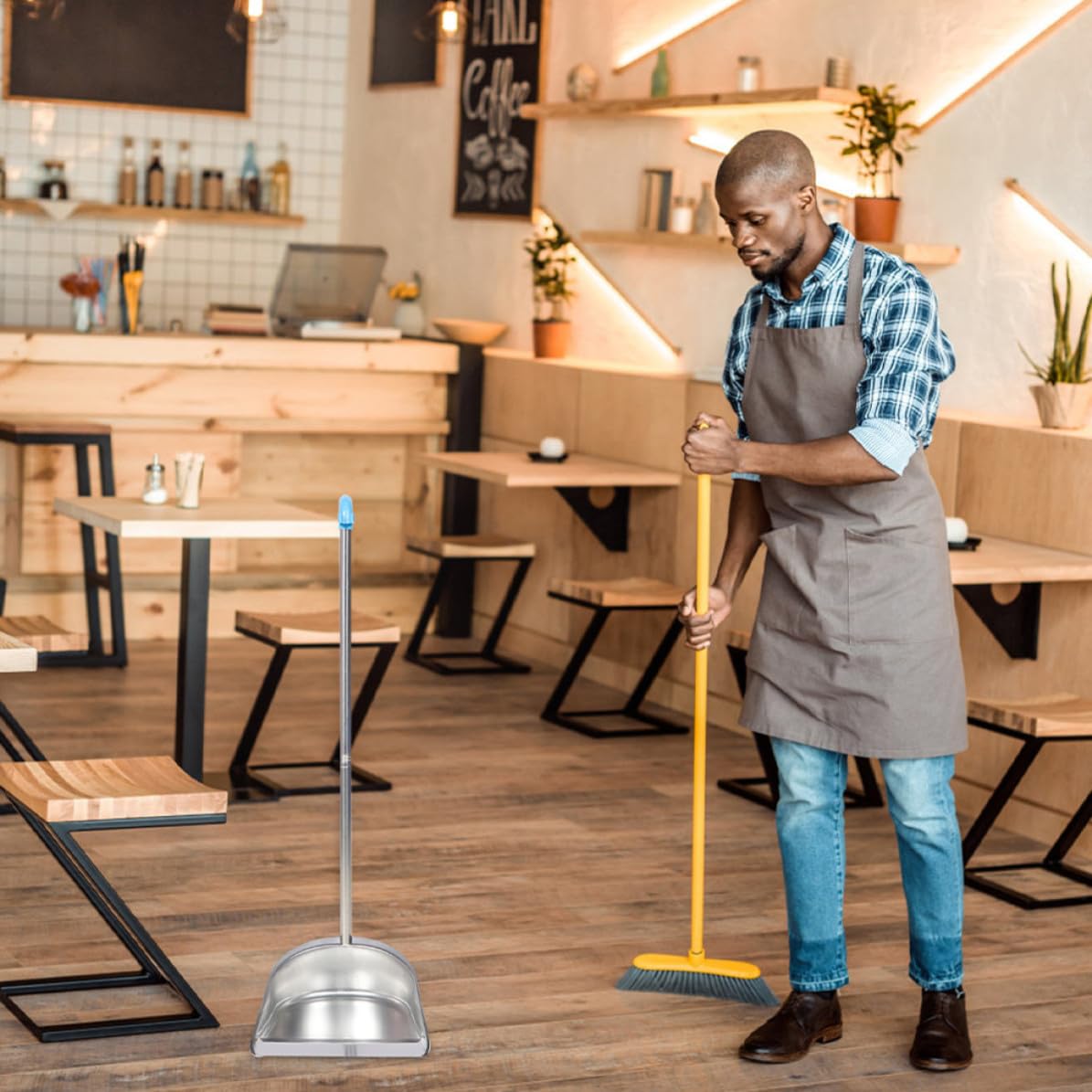 Tofficu Recogedor Metálico con Mango Ergonómico Pala Desmontable de Acero Inoxidable para Uso Doméstico y Cocina Diseño Resistente y Fácil Manejo sin Agacharse