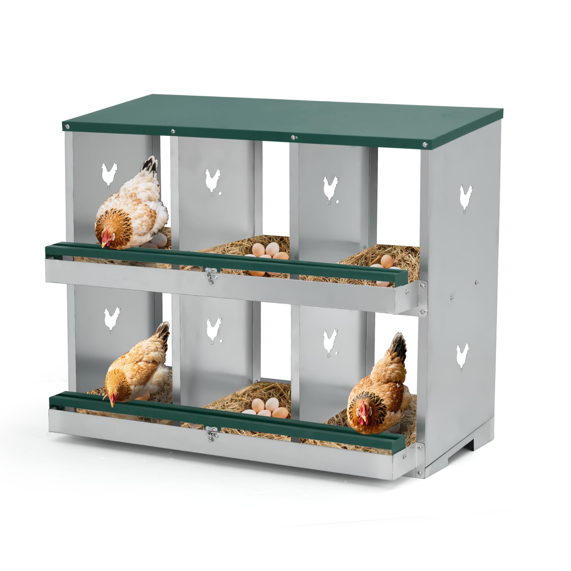 GarveeHome Nido Per Galline in Metallo Robusto a 2 Livelli Con 6 Ampi Scomparti Ventilati, Vassoio Estraibile Per La Raccolta Delle Uova, Facile Pulizia, Sicuro Per Galline e Anatre