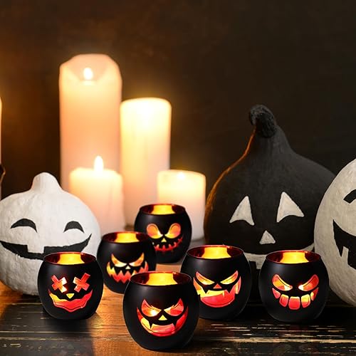 Miniatura 5 de Centros de mesa negros de Halloween, portavelas 6 unidades, portavelas votivas Jack O Lantern, decoraciones de Halloween para decoración de mesa de