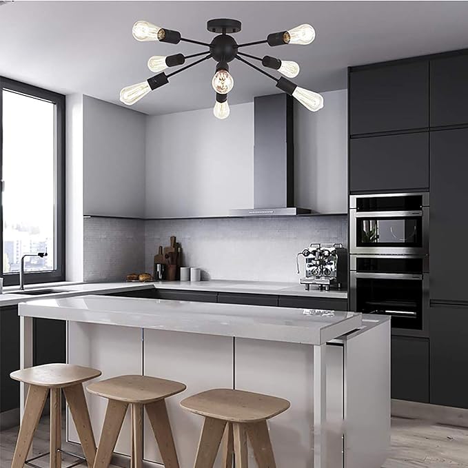 TINERS Retro Kroonluchter Zwart Creatief 8 Lichts Half Verzonken Installatie Hardware Retro Chromen Lampen Geschikt Voor Woonkamer, Slaapkamer, Studeerkamer [Energieklasse A] photo 2