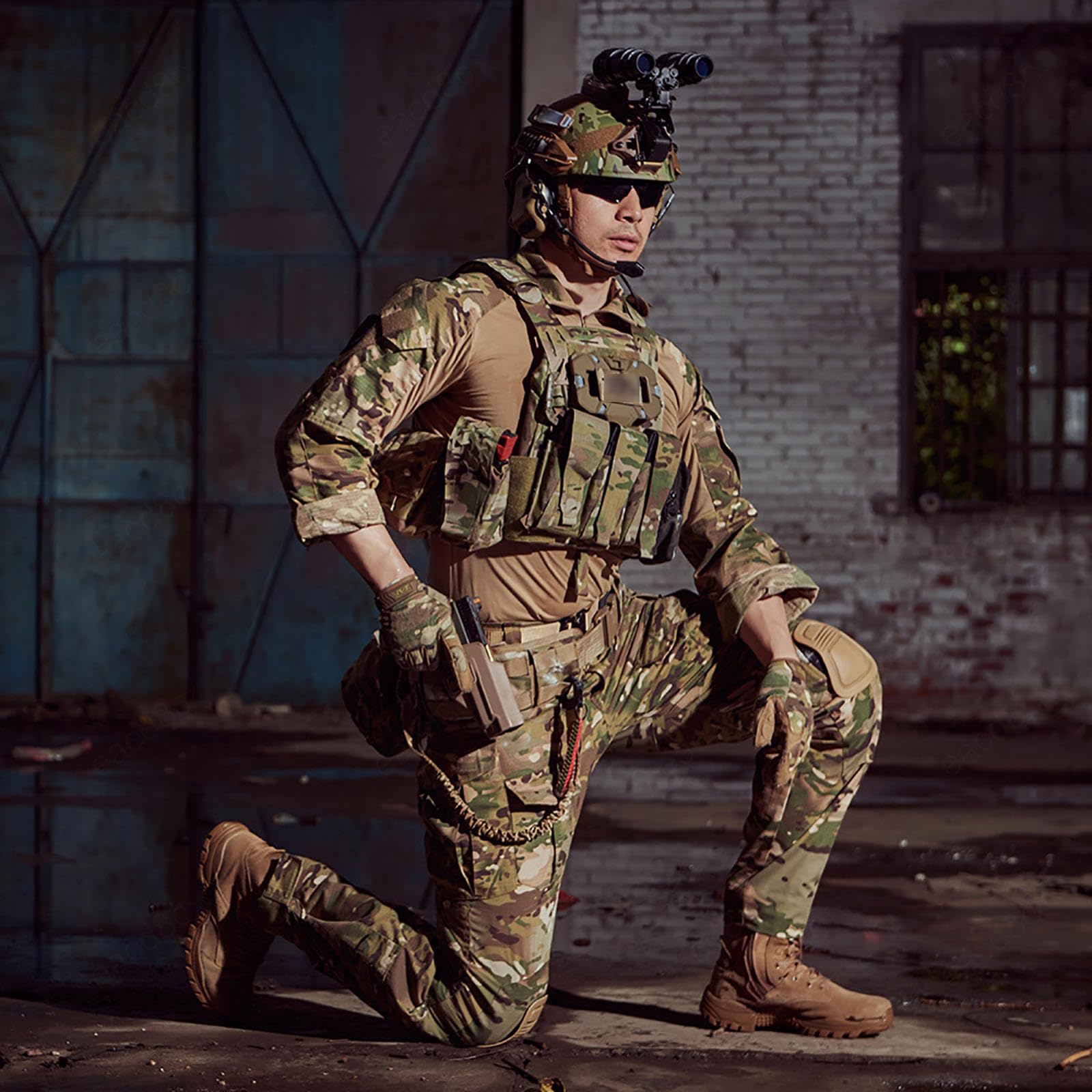 HAZARA Tactical Mimetica con Gomitiere,Ginocchiere E Guanti da Combattimento Pantaloni Mimetici da Uomo Divise Ripstop a Maniche Lunghe,Camo-XL