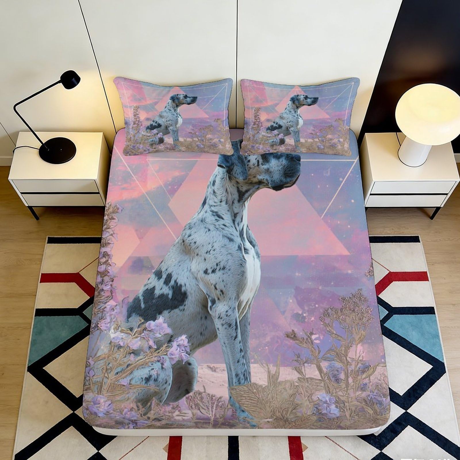 Jqzkxnhpbr Style-2 3D Printed Abstract Dog Fitted Sheet Microfiber Purple Artistic Nature Bed Cover Non-Slip For Bedroom Guestroom 90X200x25cm