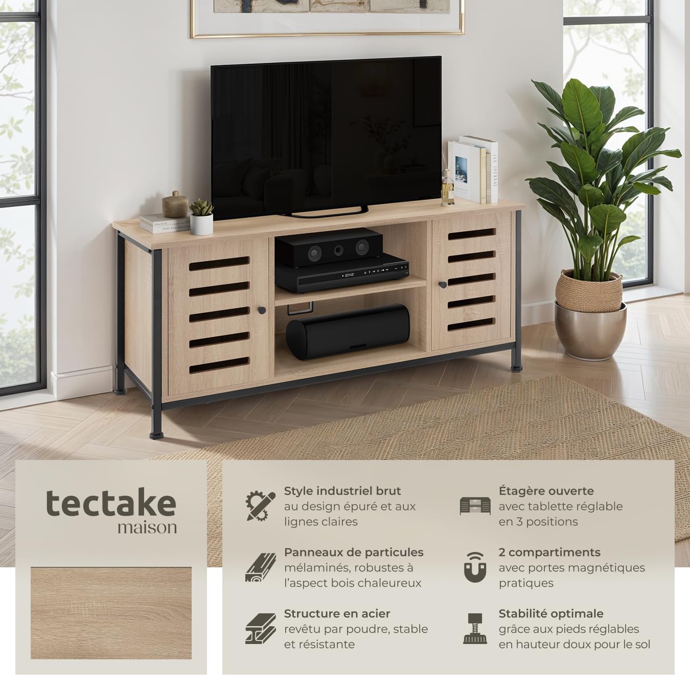 tectake® Meuble TV 110 x 41,5 x 50,5 cm, Style Industriel, Bois & Acier | Pieds réglables, 2 compartiments aux portes magnétiques, étagère réglable, capacité 50 kg, Buffet bas, Bois clair industriel