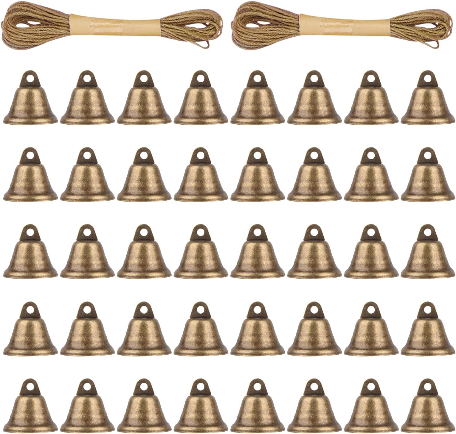 Pack of 40 Vintage Bells, Small Bells with 2 Rolls of Hemp Rope, Bells for Crafts, Wind Chimes, Holiday Decoration, Christmas Bells, Pet Bells (Bronze)