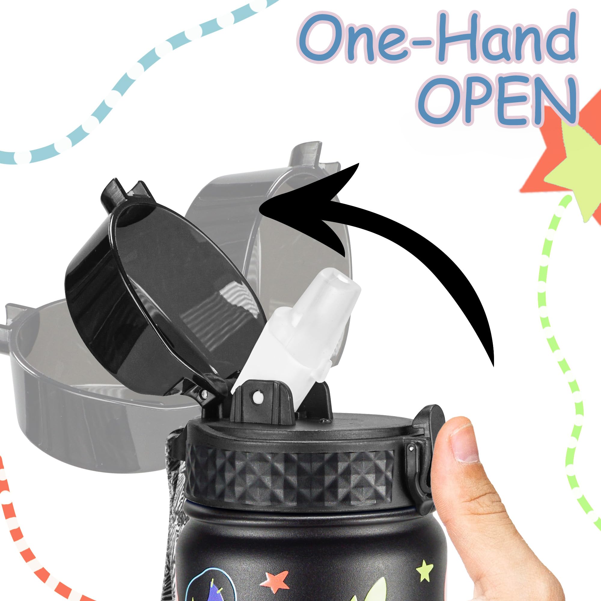 Botella de agua para niños (tapa con pajilla), botella de viaje de acero inoxidable de 14 onzas, doble pared al vacío a prueba de fugas, taza para niños y niñas, dinosaurio espacial 4