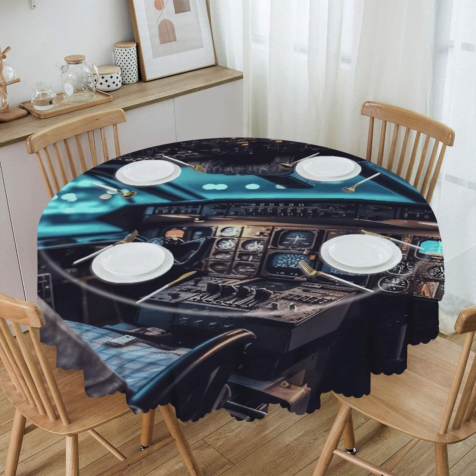 VstaDank 60 Inch Round Airplane Tablecloth Polyester Waterproof Wrinkle Free Table Cloth Spillproof Washable Table Cover Colorful Tablecover Decor for Home Kitchen Dining Party