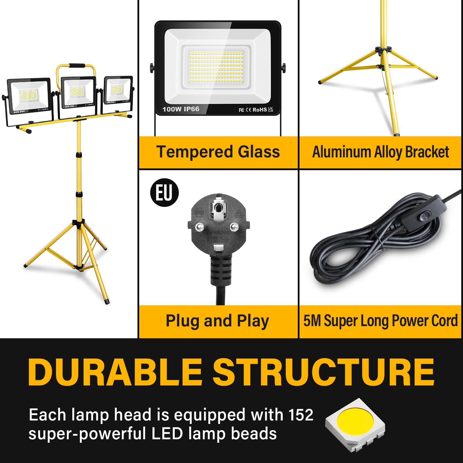 RIGIDON 300W Faretto da Cantiere LED con treppiede, 30000LM 6000K Bianco Proiettore a LED Luce da lavoro Impermeabile IP66 Faro LED Portatile per Interno ed esterno per Garage Giardino Costruzione
