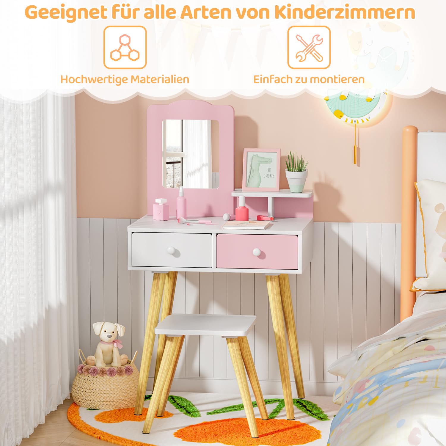 MAMIZO Schminktisch Kinder Set, Kinderschminktisch Holz mit Abnehmbarem Spiegel und 2 Schubladen, Schreibtisch mit Hocker, Prinzessin Frisiertisch ab 3 Jahre, 60x40x108 cm, Rosa