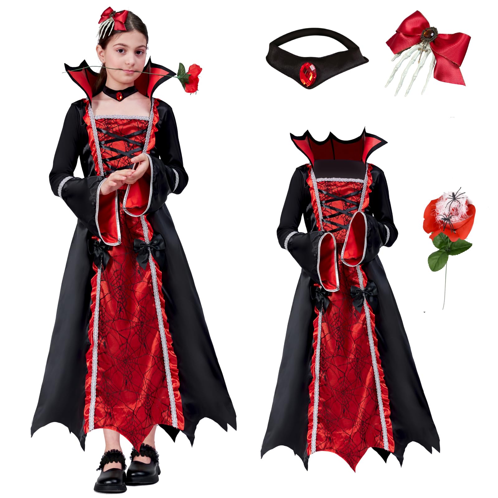 ZUCOS Disfraz de vampiro para niña, para Halloween, gótico, noble, medieval, vampiro, carnaval, fiesta