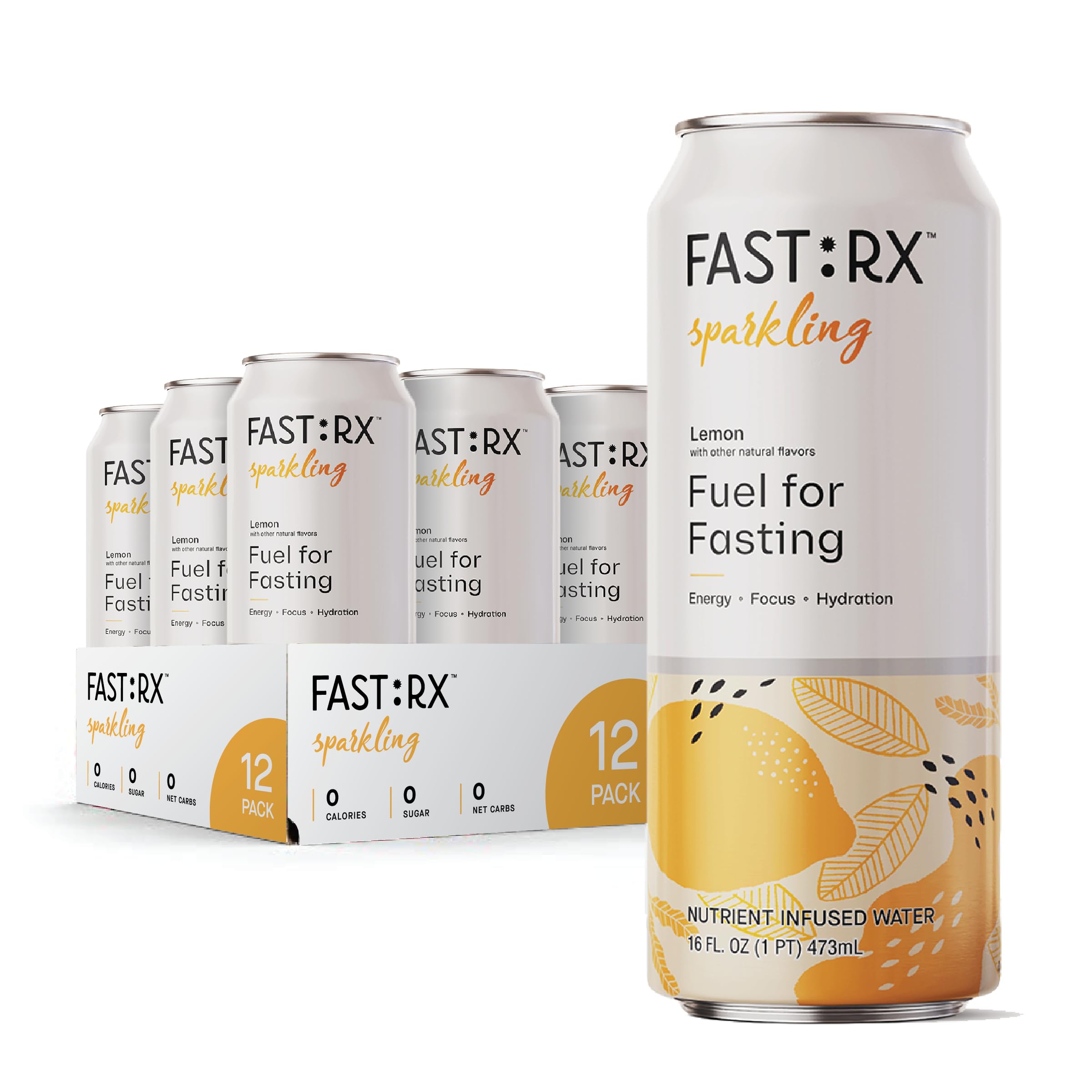 Bebida electrolítica espumosa FASTRX de limón Meyer para ayunas: supresor del apetito, incluye electrolitos y vitaminas esenciales, jugo de limón desazucarado (sin azúcar), 16 onzas líquidas, paquete de 12