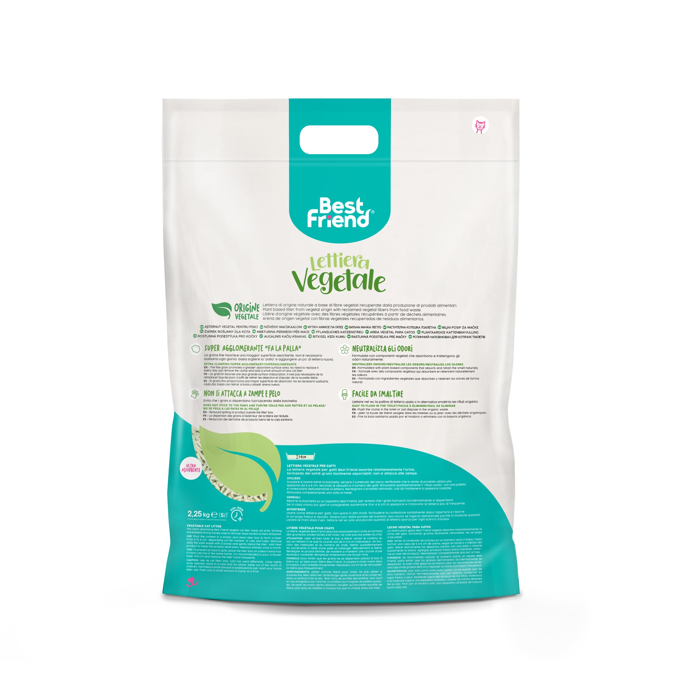 Best Friend - Lettiera Vegetale per Gatti da 5L di lunga durata. Sabbia Naturale e Super Agglomerante. Smaltibile nell'organico o nel WC. Neutralizza gli odori e non si attacca a zampe e pelo, 6 pezzi