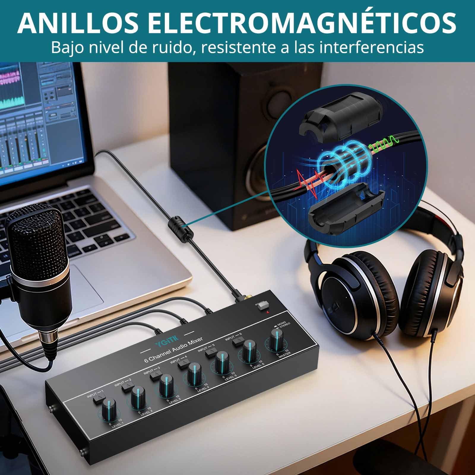Mini Mezclador de Audio, Mezclador de Línea Estéreo de 6 Canales | 6.35mm+3.5mm TSR Salida de Audio Jack de Entrada para Guitarras, Bajo, Teclados, Micrófono Dinámico