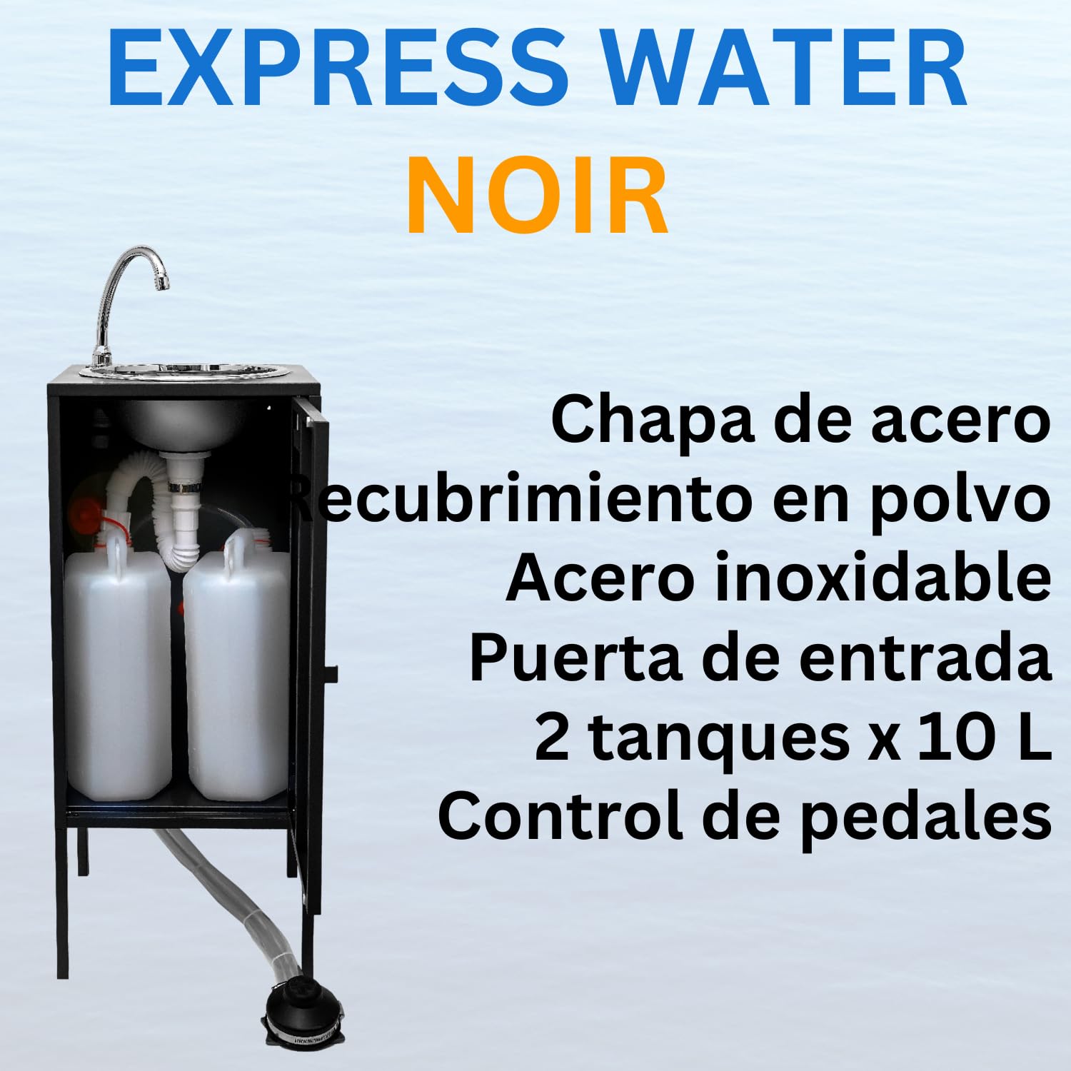 Express Water Noir Plus, Fregadero para Lavabo, Portátil Autónomo Transportable, con Depósito de Agua, en Acero Inoxidable, con Control por Pedal con Kit de Agua Caliente, Certificado