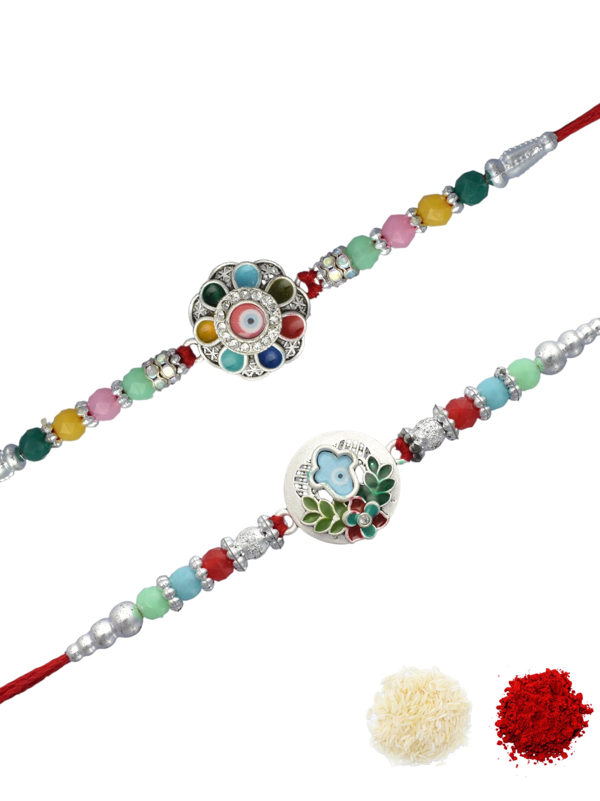 Premium Traditional Silver Plated Combo of 2 Cotton Thread Multi-coloured Beaded Festive Rakhi for Brother, Bhaiya, Bhai, Kids with Roli Chawal and Greeting Card for Raksha Bandhan-43-image-49