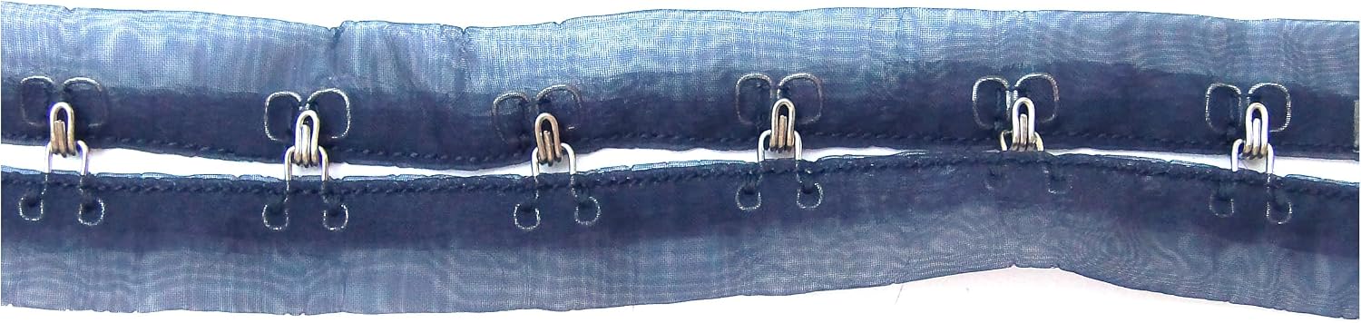 2 Yards Pair of Hook and Eye Tape Sheer Organza Mesh Fabric 1" INCHES SPACING Silver Metal Edging Cordage Trim Corset Lingerie Sewing-NAVY-2yrds