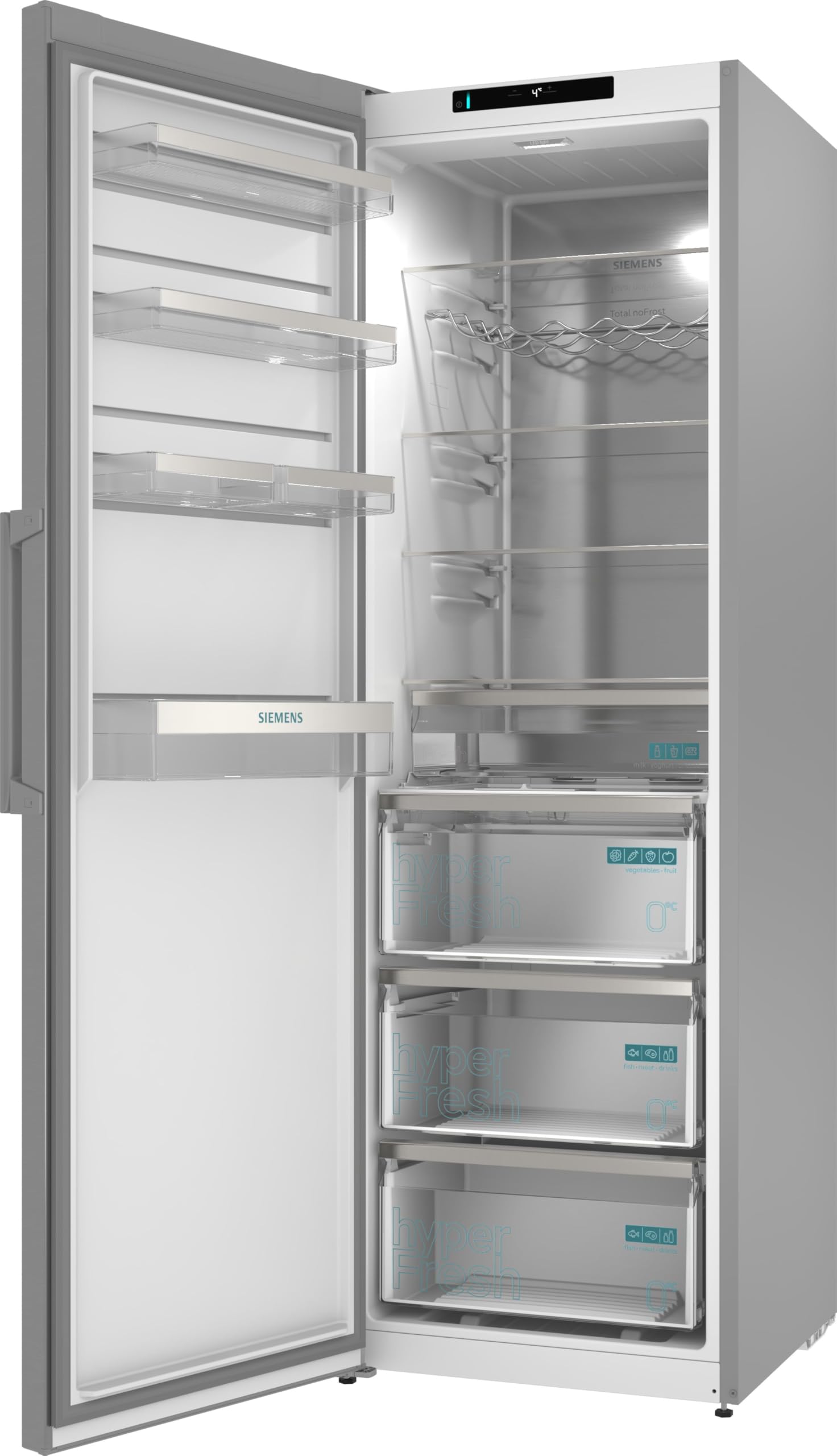 Siemens iQ300 Freistehender XXL Kühlschrank 186,2 x 59,5 cm, KS36NVICG, 402 L Kühlen, Total noFrost, hyperFresh 0°C Schubladen, LED-Beleuchtung, Metall-Rückwand, antiFingerprint Edelstahl