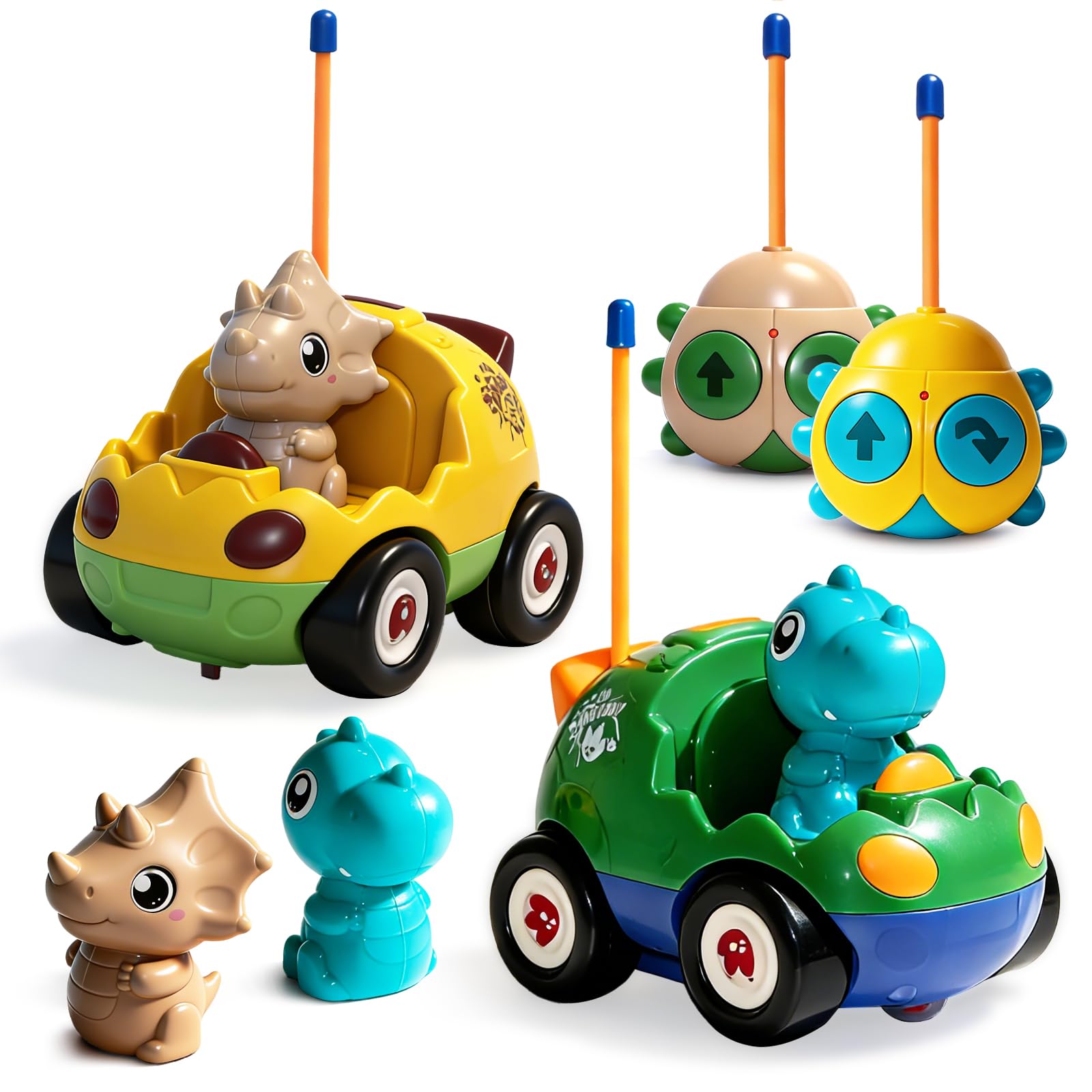 TOPLIVING 2er-Pack ferngesteuerte Dinosaurier-Spielzeugautos für Kinder – Geburtstagsgeschenke für Jungen und Kleinkinder ab 18 Monaten, 2, 3, 4 und 5 Jahre – Dino-RC-Fahrzeug mit Lichtern und Musik