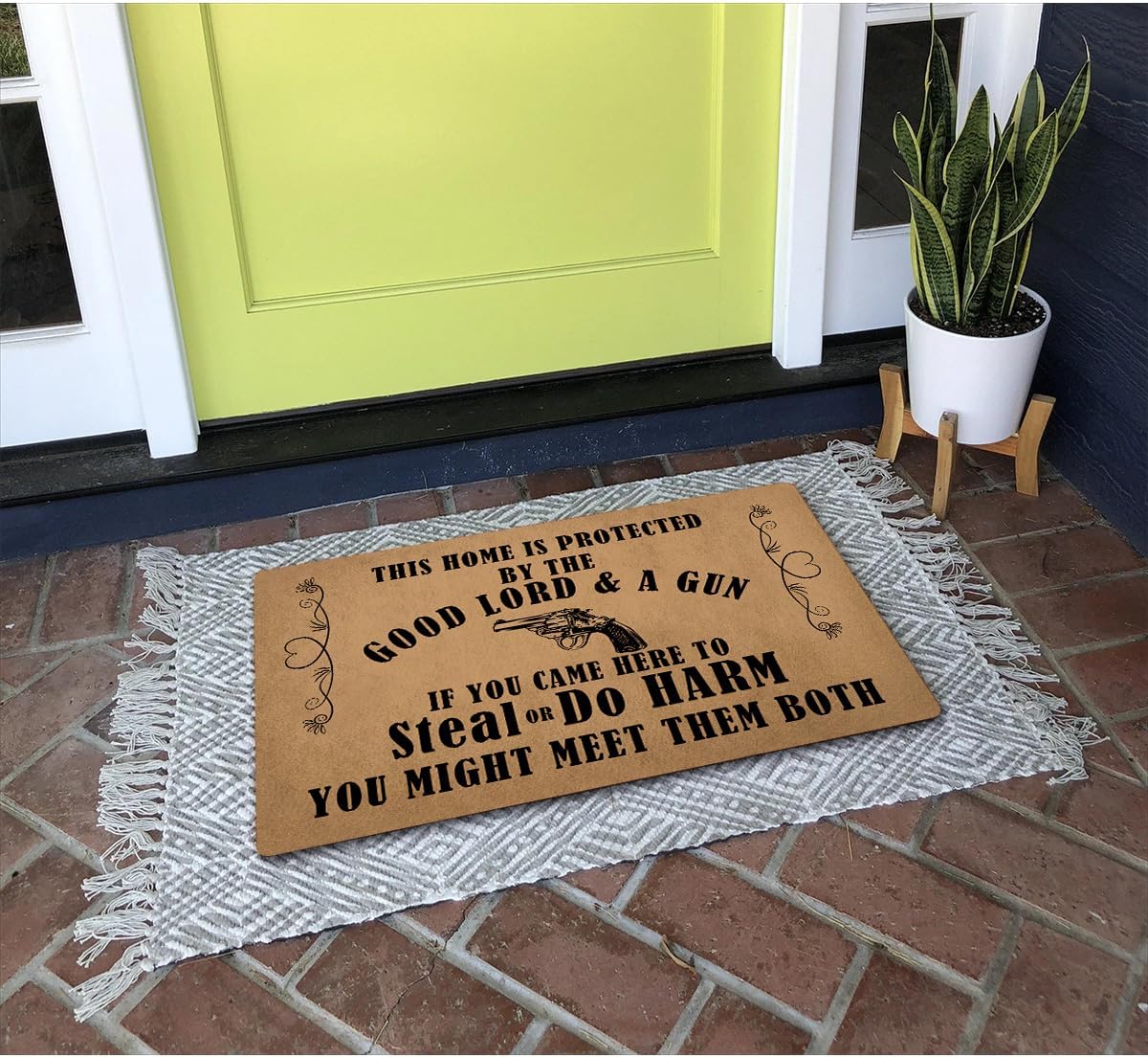Funny Welcome Doormats Decorative Area Rugs for Front Porch This Home Is Protected By The Good Lord And A Gun Personalized Kitchen Rugs With Anti-Slip Rubber Back Novelty Gift Mat(23.7 X 15.9 in)