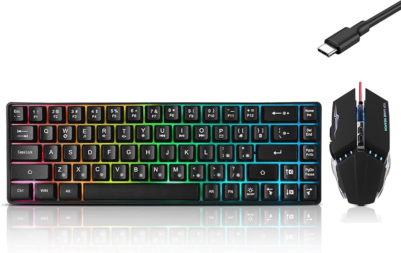 Combinación de teclado y ratón para juegos con 60% de cable Guiheng, mini teclado retroiluminado RGB ultracompacto de 61 teclas, óptica ligera de 3200 PPP, juego con cable para Windows,PC, MAC PS5 Xbox Gamer(negro)