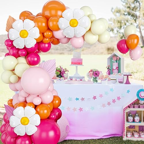 Miniatura 7 de Kit de arco de guirnalda de globos rosados, kit de arco de globos rosa intenso, amarillo y naranja, globos de látex rosa para niñas y niños,