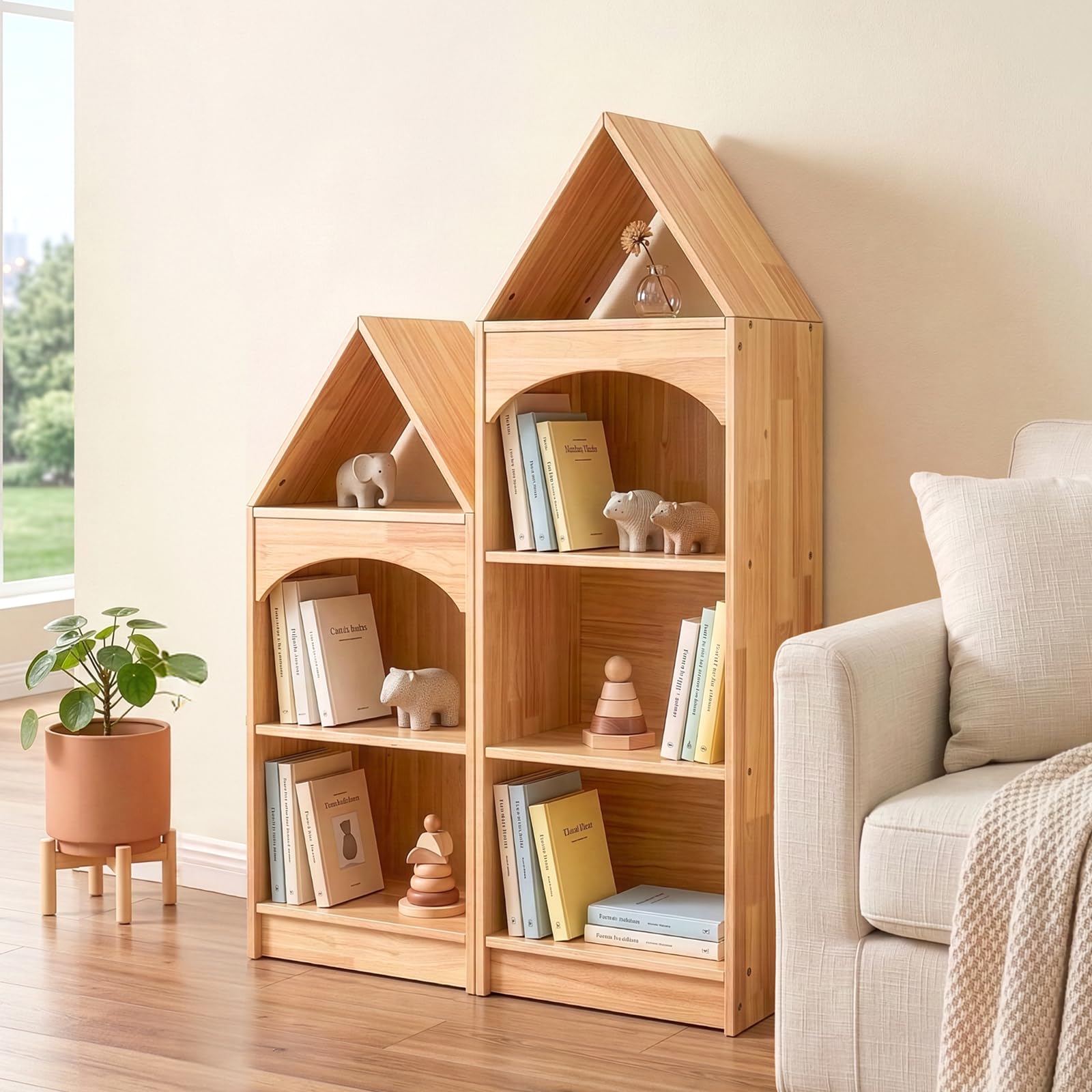 OOOK Gummiholz Kinder Bücherregal, Spielzeugaufbewahrung mit 3 Etagen, Eckregal für Kinderzimmer, Spielzimmer, Babyzimmer, Klassenzimmer und Kindergarten