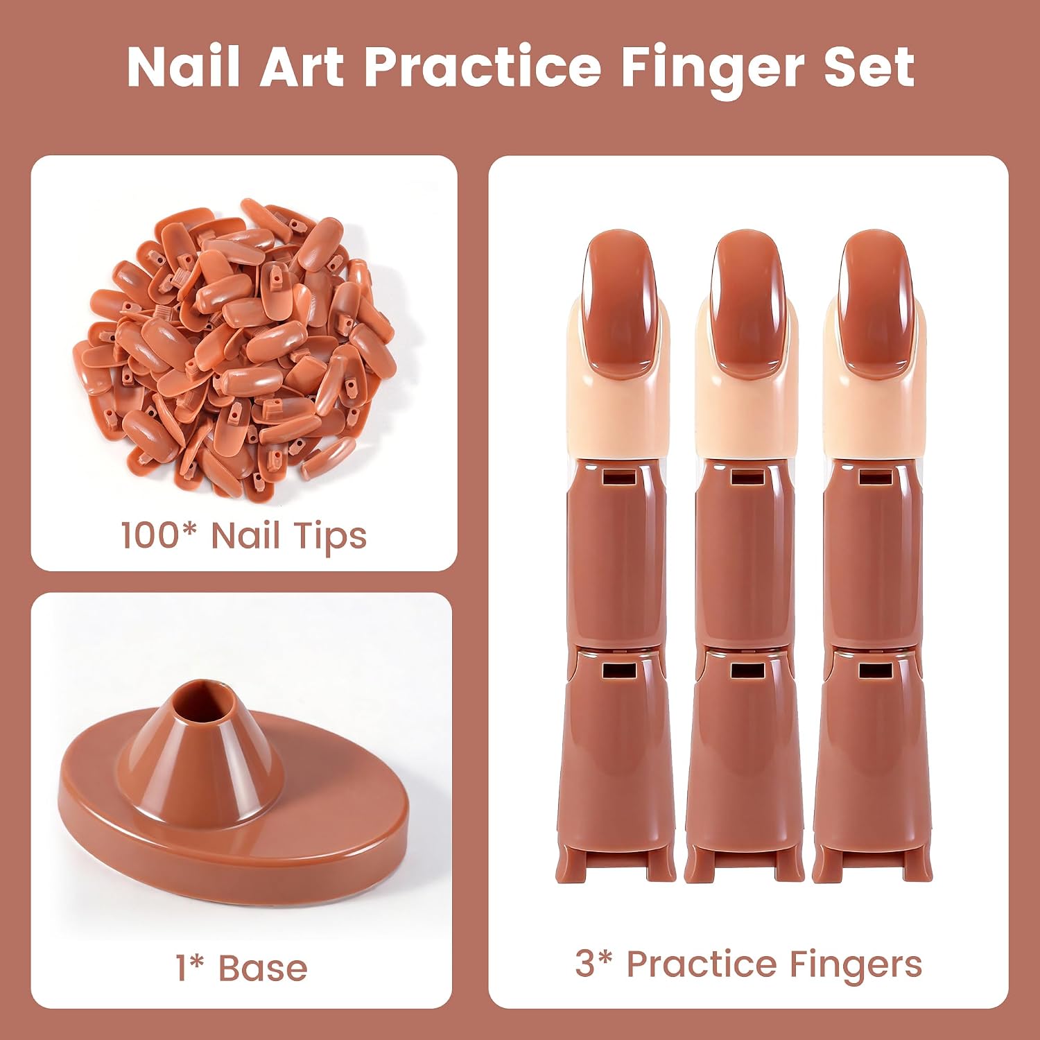 Practice Finger for Acrylic Nails, 3PCS Adjustable Nail Practice Hand Finger with Base Stand and 100PCS Brown Nail Tips, Practice Hand for Home Salon DIY Beginner(Brown)