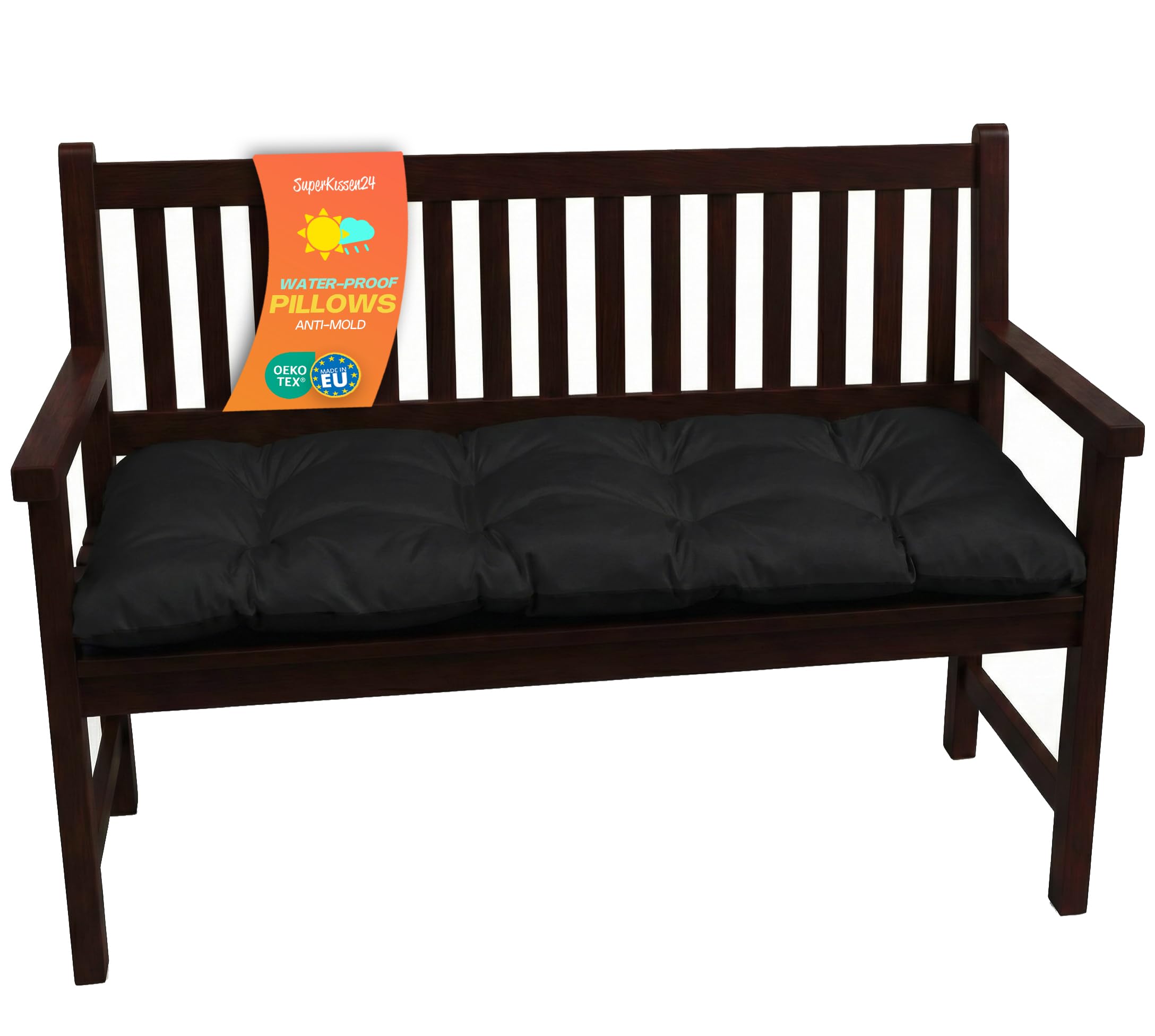Superkissen24. Large Garden Bench Seat Cushion Seat Pad - 140x50x7 cm - Seat cover for Garden Bench, Garden Swing or Garden Sofa - Outdoor/Indoor Long Bench Pillow - Waterproof - Black