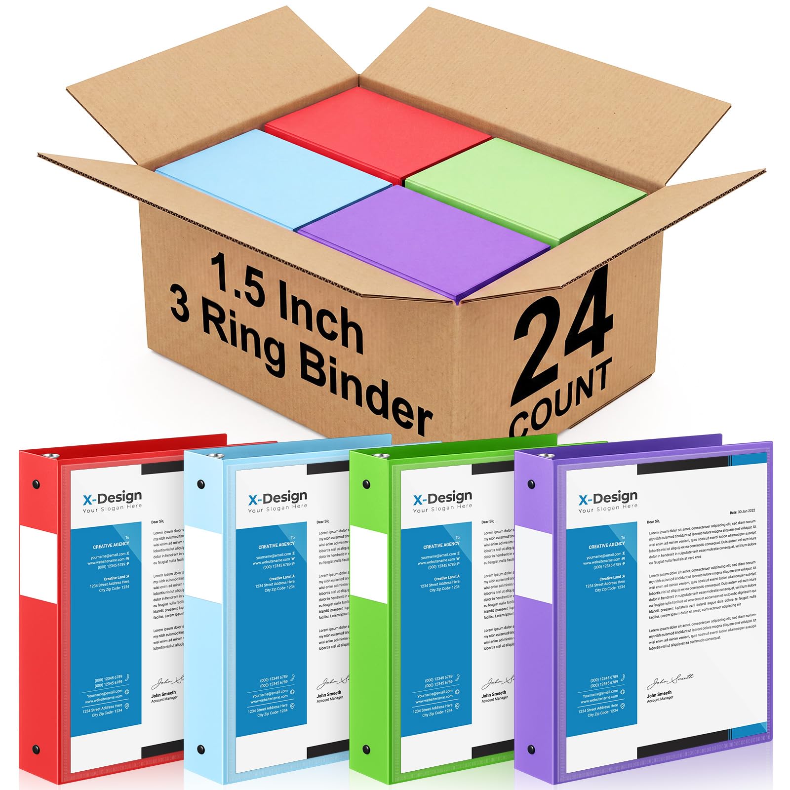 Henoyso 24 Pack 1.5 Inch 3 Ring Binder with Clear Cover Fit Letter Size 8.5" x 11" Paper Holds 350 Sheets, Bulk Binders for Organizing School, Office & Classroom Documents, 1 Pocket (Bright Colors)