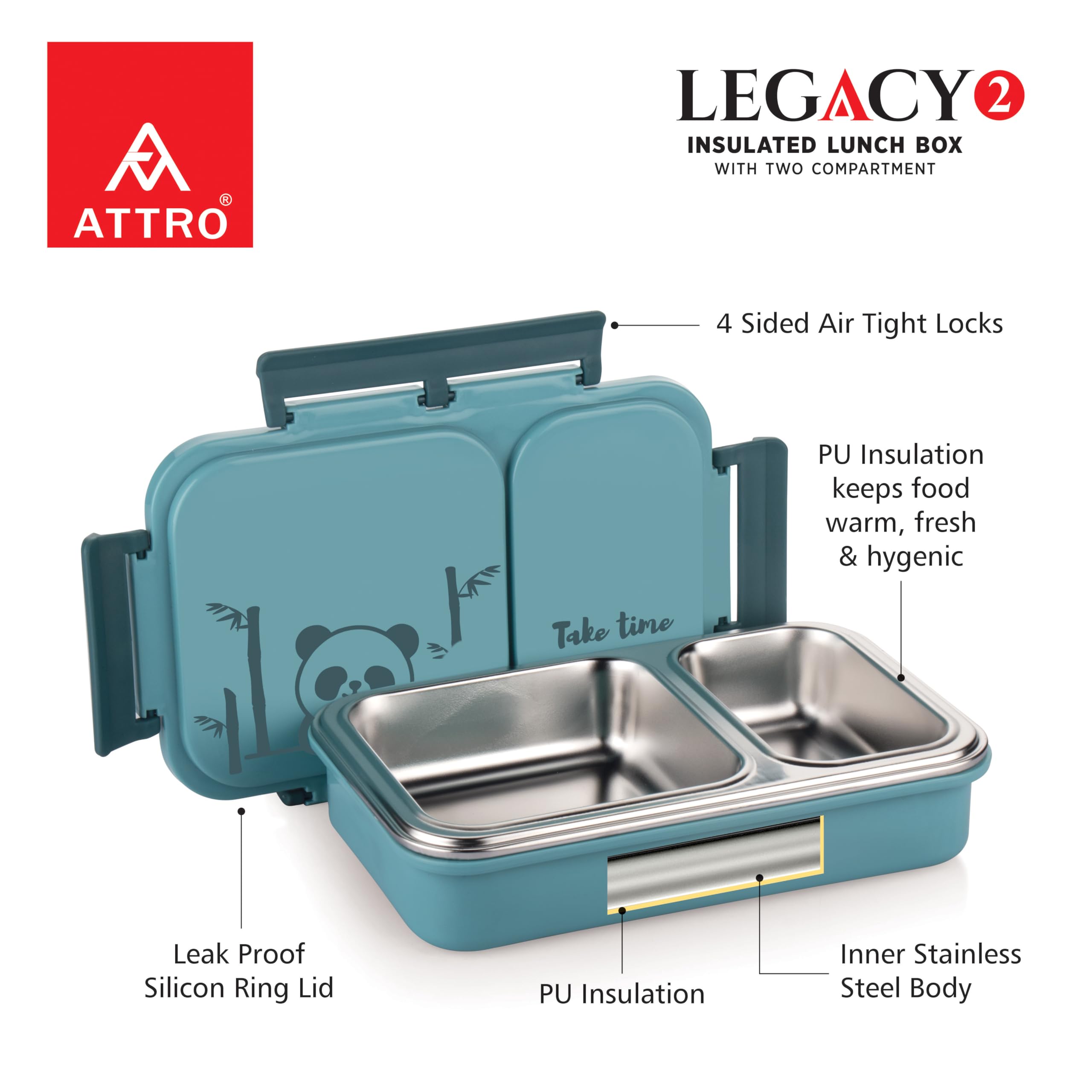 Attro Legacy 2 - Lonchera aislada con dos compartimentos sin BPA, de grado alimenticio, a prueba de fugas, ideal para la escuela, picnic, oficina y al aire libre, 600 ml, color azul