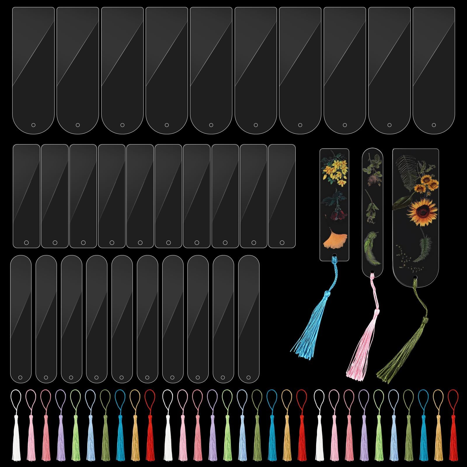 Ktxaby 60Pcs Acrylic Bookmark Blanks Set with 30Pcs Colorful Tassels,Clear Craft Bookmarks,3 Shape Rectangle Round Bookmarks Bulk with Hole for DIY Crafts Gift Tag Hanging Tag