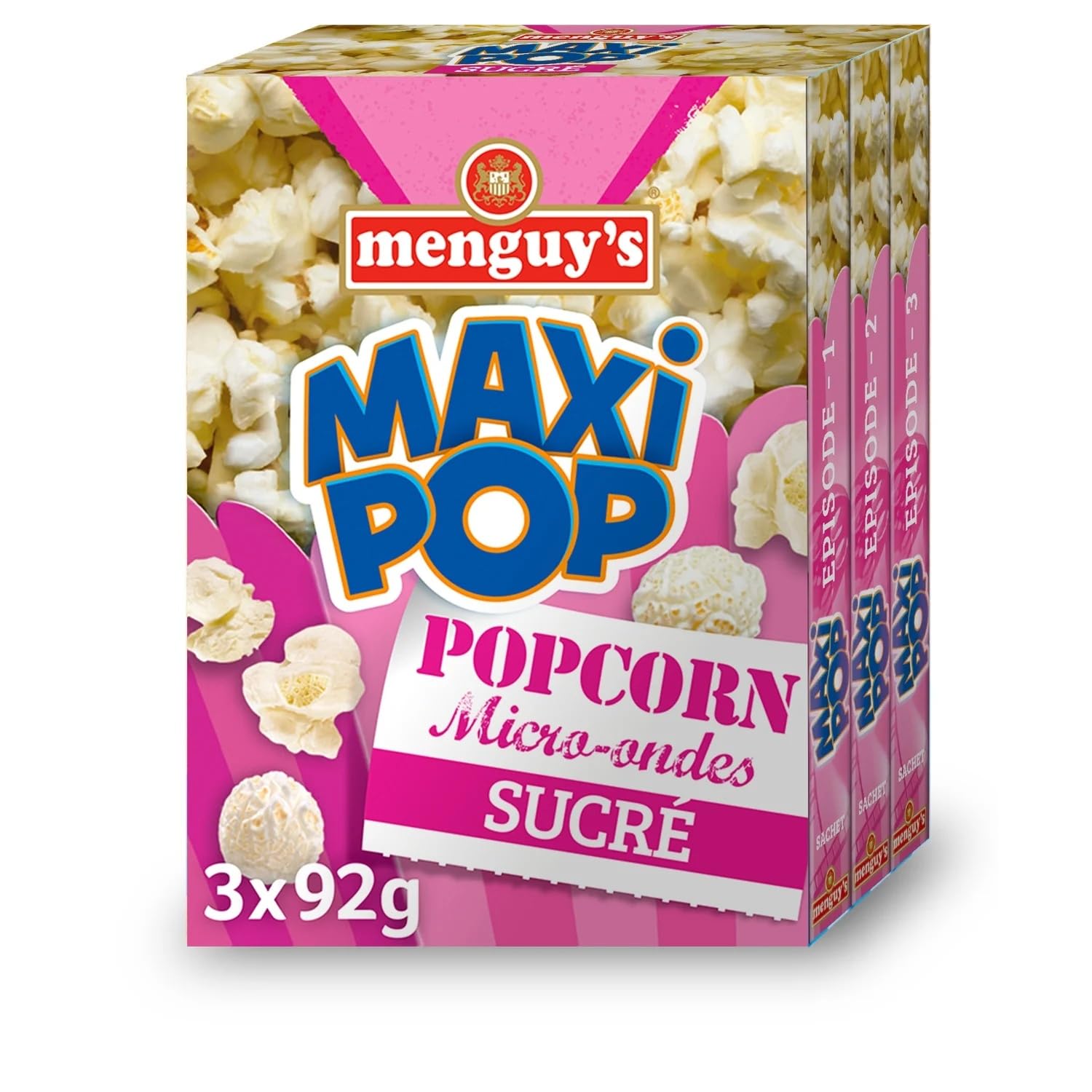 MENGUY'S - Pop-Corn Sucré Micro-Ondes - Maxi Pop · Prêt en 2 à 3 Minutes · Le Pop Corn Maison Facile · Parfait pour une Soirée Cinéma en Famille - les 3 sachets de 92 g - 276g - Le Lot De 4