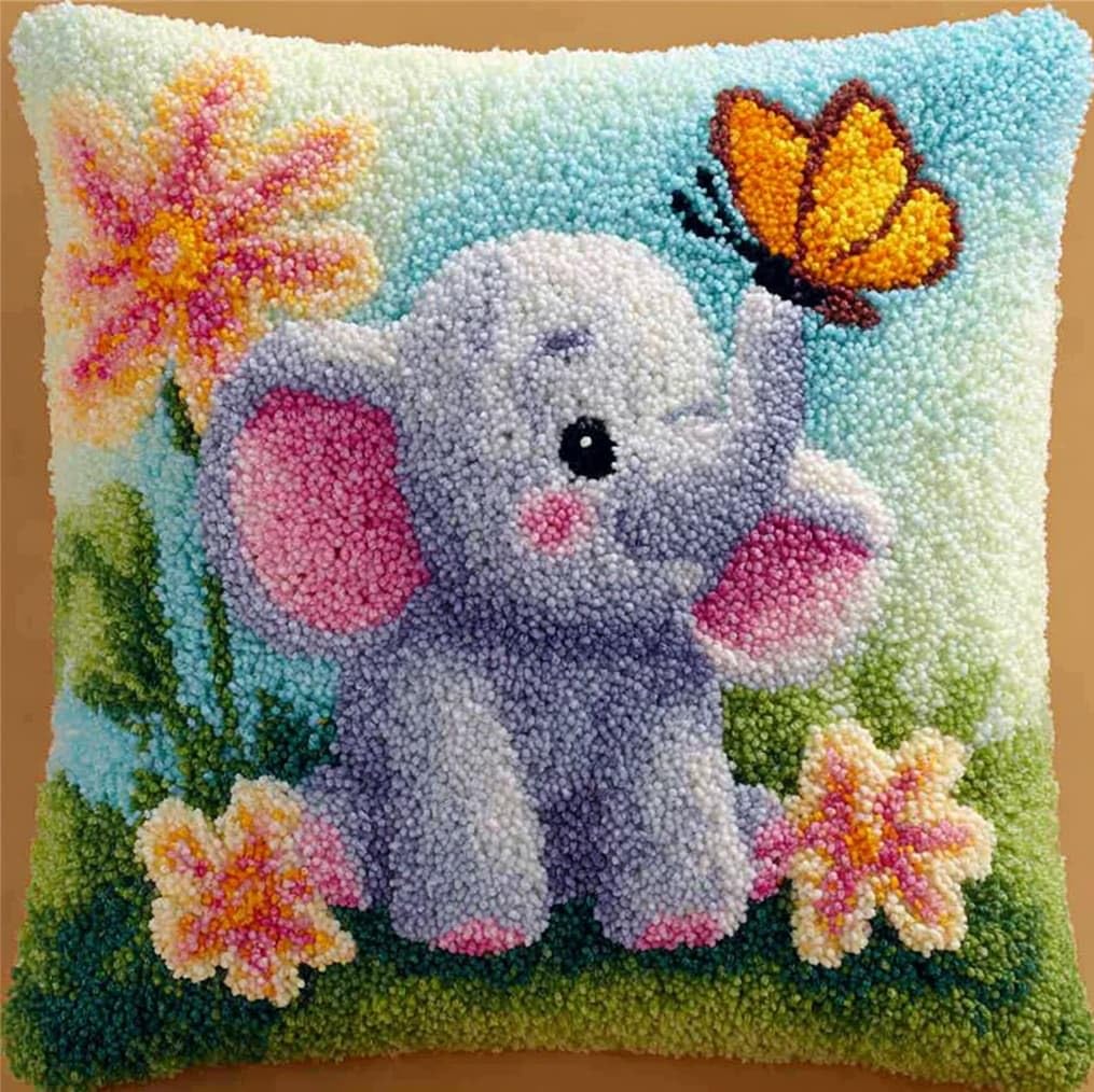 AxiangziK Pre-Printed Latch Hook Pillow Kit,The Elephant and the Butterfly